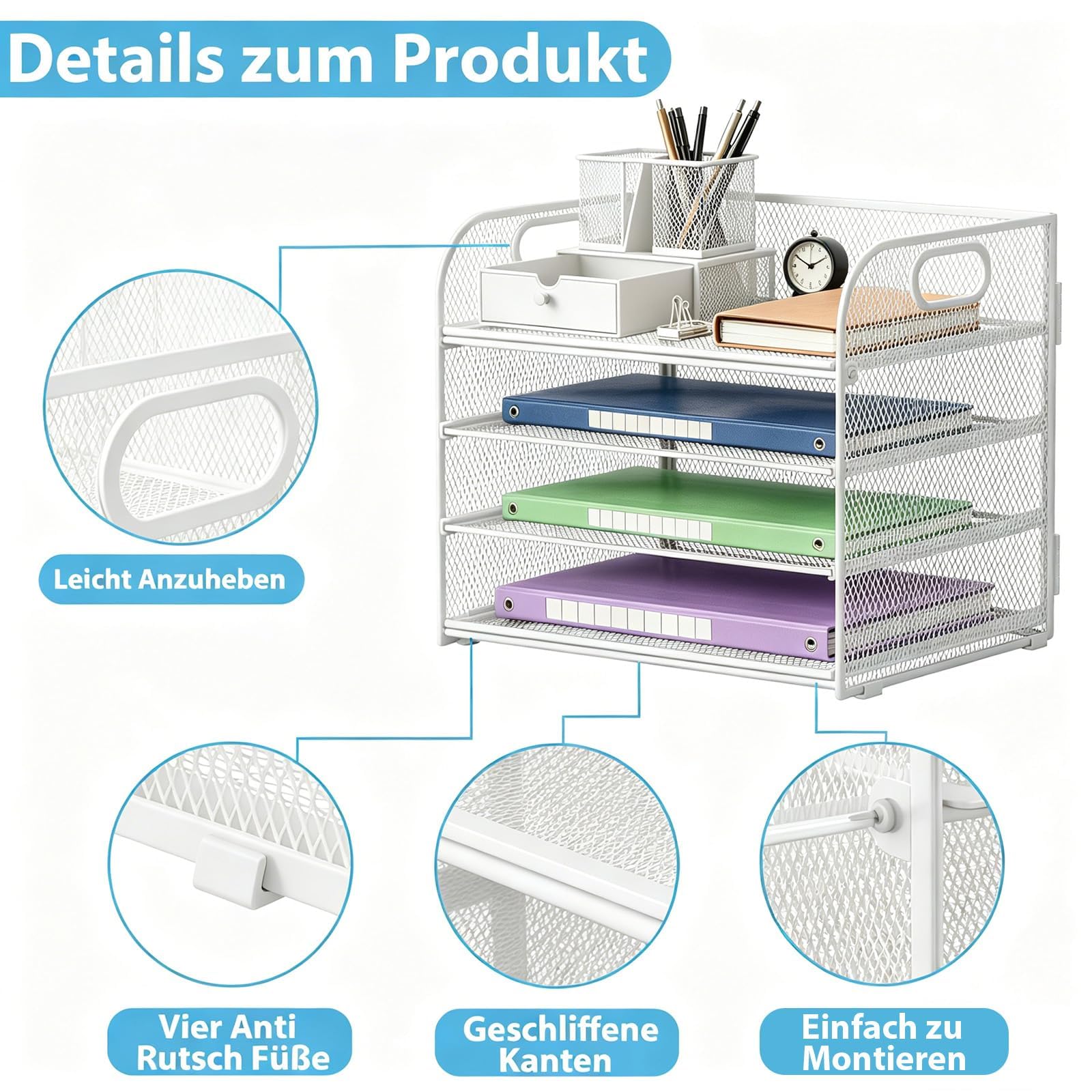 Organizer na biurko, 4-poziomowy organizer na biurko, półki z uchwytem, metalowa kratka, organizer na dokumenty, do biura, domu i szkoły, na papier, książkę, magazyn (kolor biały)