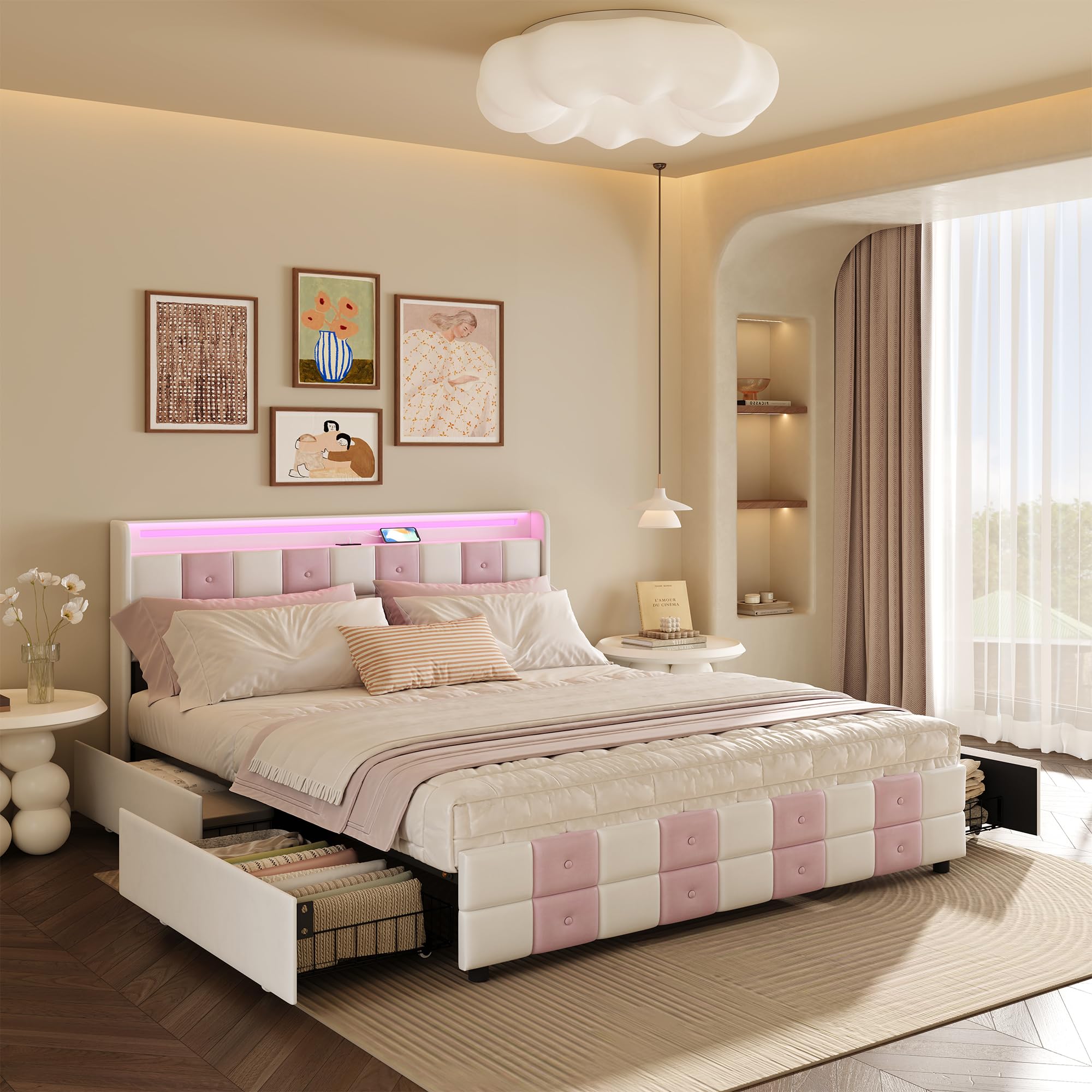 CDQL Łóżko tapicerowane 140 x 190 cm z 4 szufladami, zagłówek ze złączem USB i oświetleniem LED, podwójne łóżko ze stelażem, łóżko dla dziewczynki, łóżko funkcyjne, aksamitne, białe i różowe