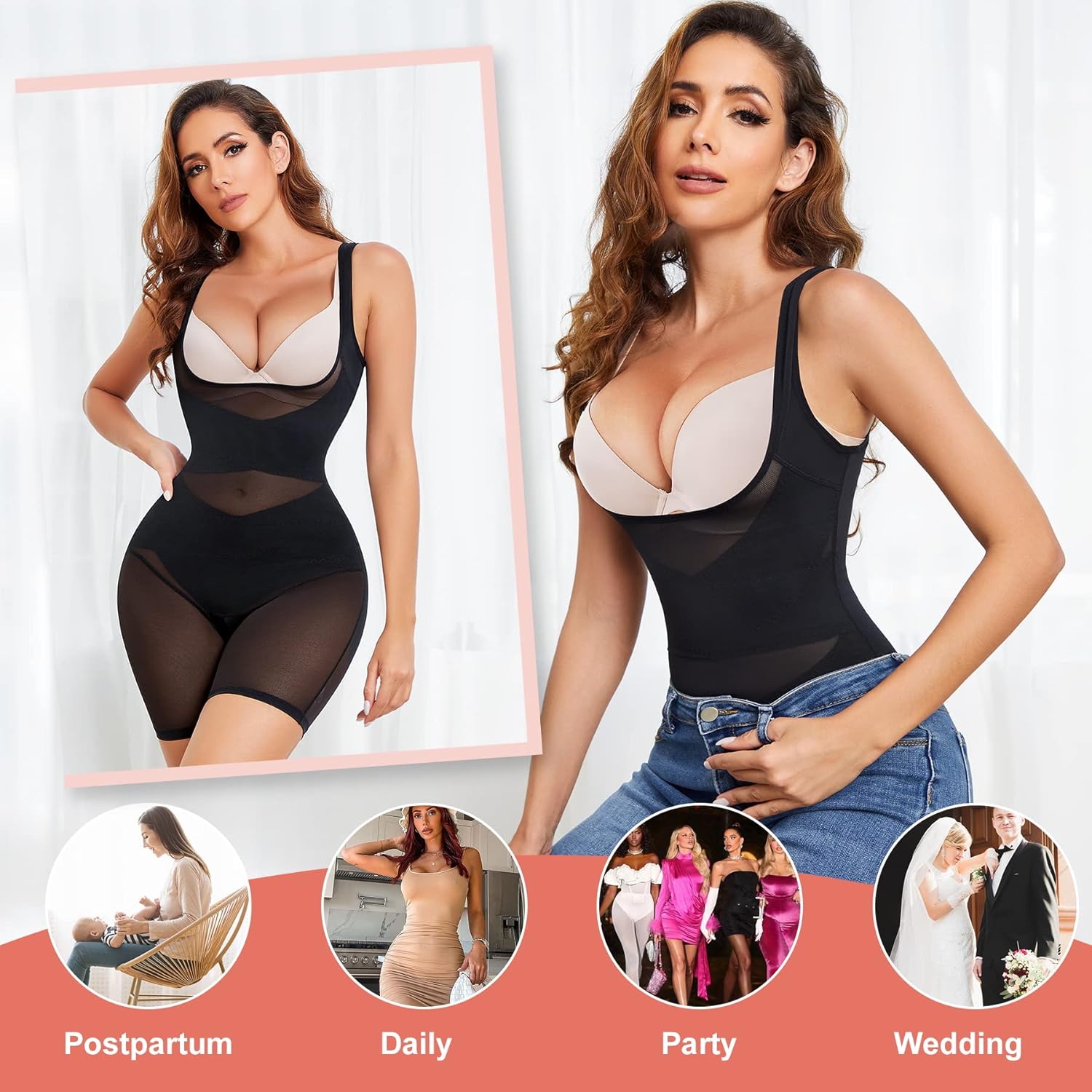 Miniatura 7 de REYEOGO Faja moldeadora para mujer, para control de abdomen, moldeadora de cuerpo completo a medio muslo para levantar glúteos y adelgazar los muslos