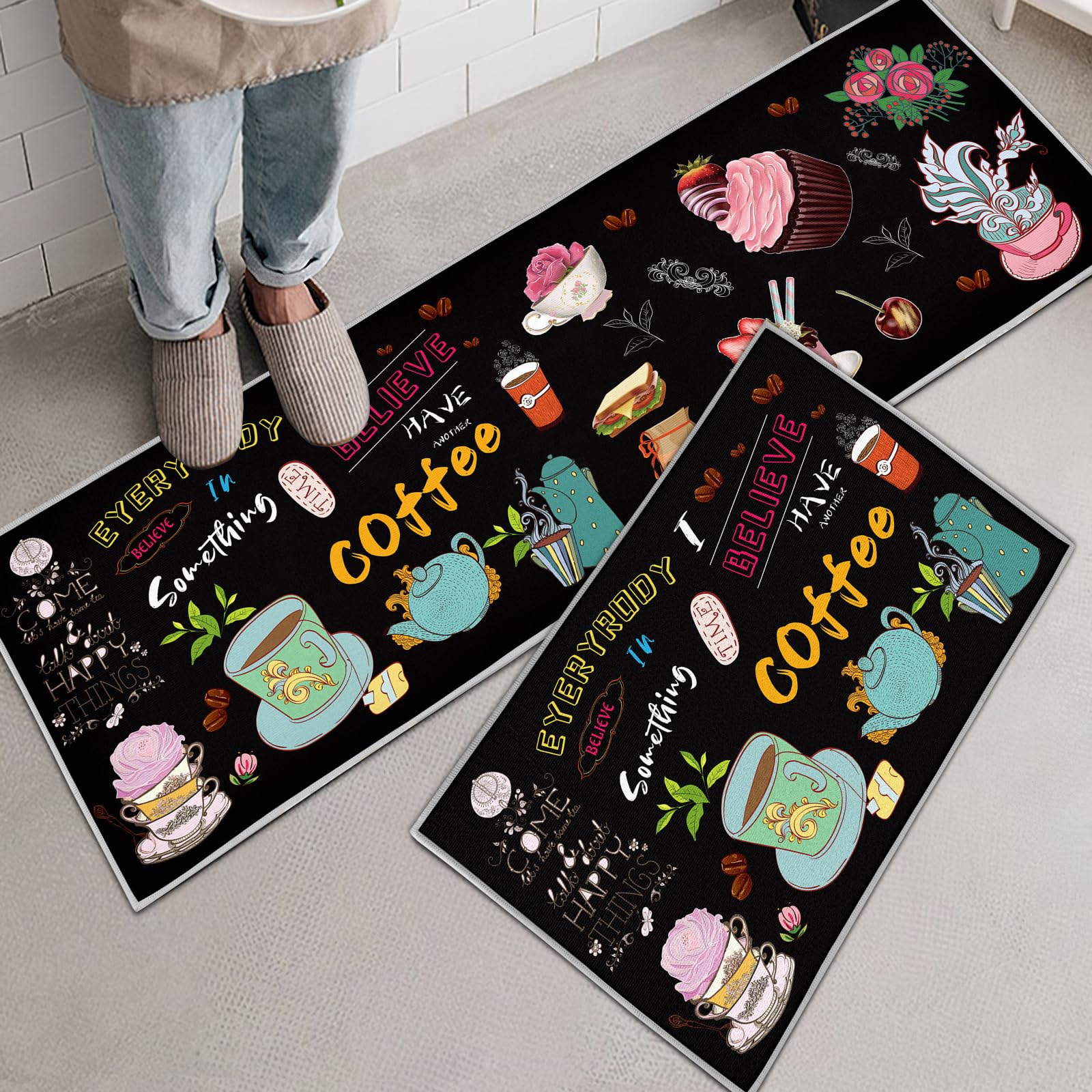 Lot de 2 tapis de cuisine lavables antidérapants imperméables café 40x60 40x120 cm