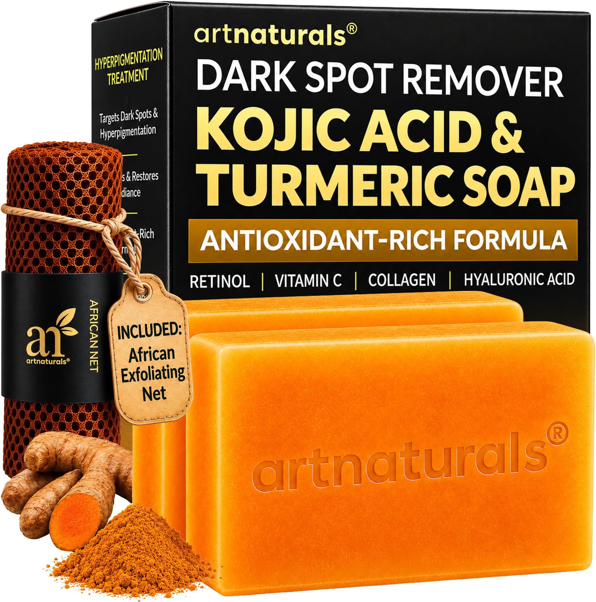 Kojic Acid Soap + African Net Sponge (2 pack X 142g Turmeric bars) Dark spot remover, Hyperpigmentation & Scars - Original Japanese Complex Vitamin C, Hyaluronic Acid, retinol, shea butter (Citrus)