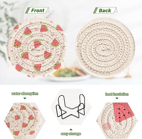 Miniatura 4 de innewgogo Polka Dot Watermelon 6 Pcs Absorbent Drink Coasters for Tabletop Protection Handmade Round Woven Coaster with Holder & Heat Water