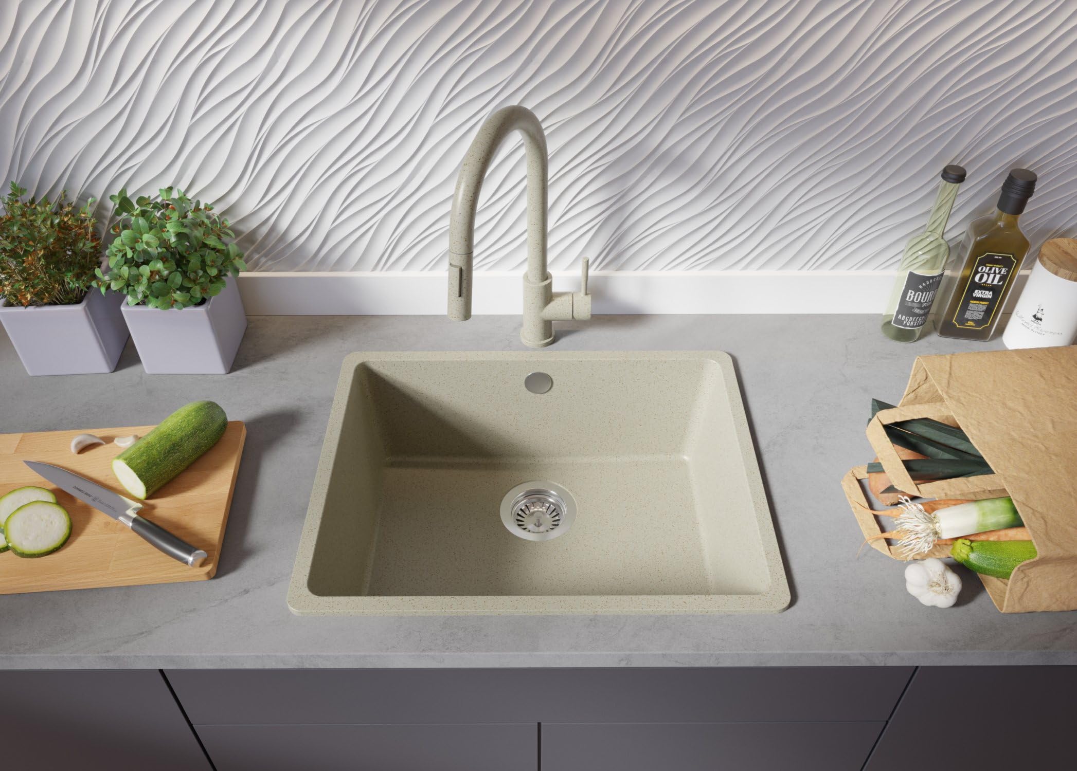 PRIMAGRAN Fregadero Cocina Todo Beige - Venecia Easy Slim, 56x44cm | Granito 1 Seno + Sifón, sobre Encimera al Mueble 60cm (S070)