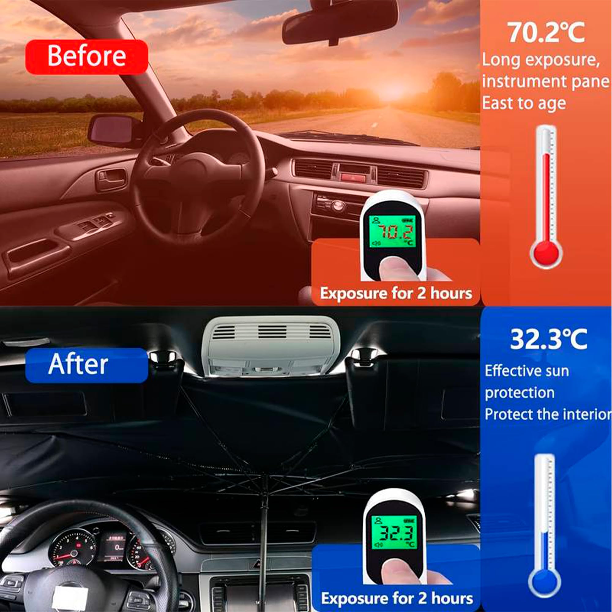 Parasol Coche Delantero, Paraguas Parasol, Tamaño 135x75-115x65, Parasol Coche Delantero Plegable, Sombrilla Interior, Protector Solar Auto.