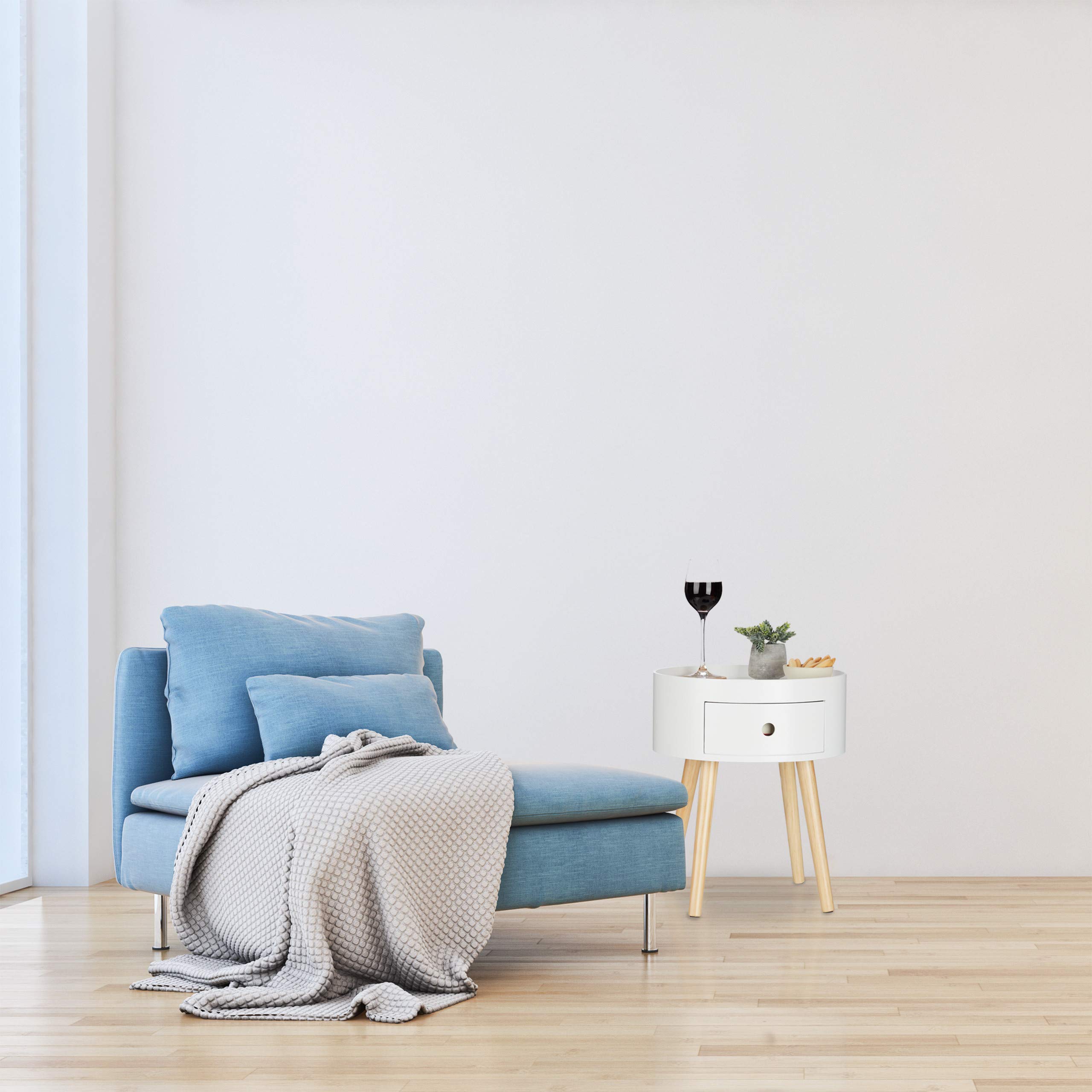 Relaxdays Table d’appoint Ronde, tiroir, Pieds en Bois, Design scandinave, Minimaliste, HxD 46 x 38 cm Blanc/Nature