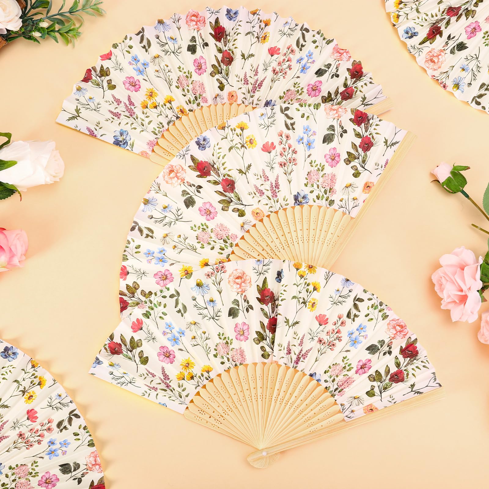 JarThenaAMCS Faltbarer Handfächer mit Organza-Beuteln, dekorative Handfächer, Vintage-Wildblumen-Papierfächer für Frühling, Junggesellinnenabschied, Hochzeit, Brautparty, Party, Gastgeschenke, 24