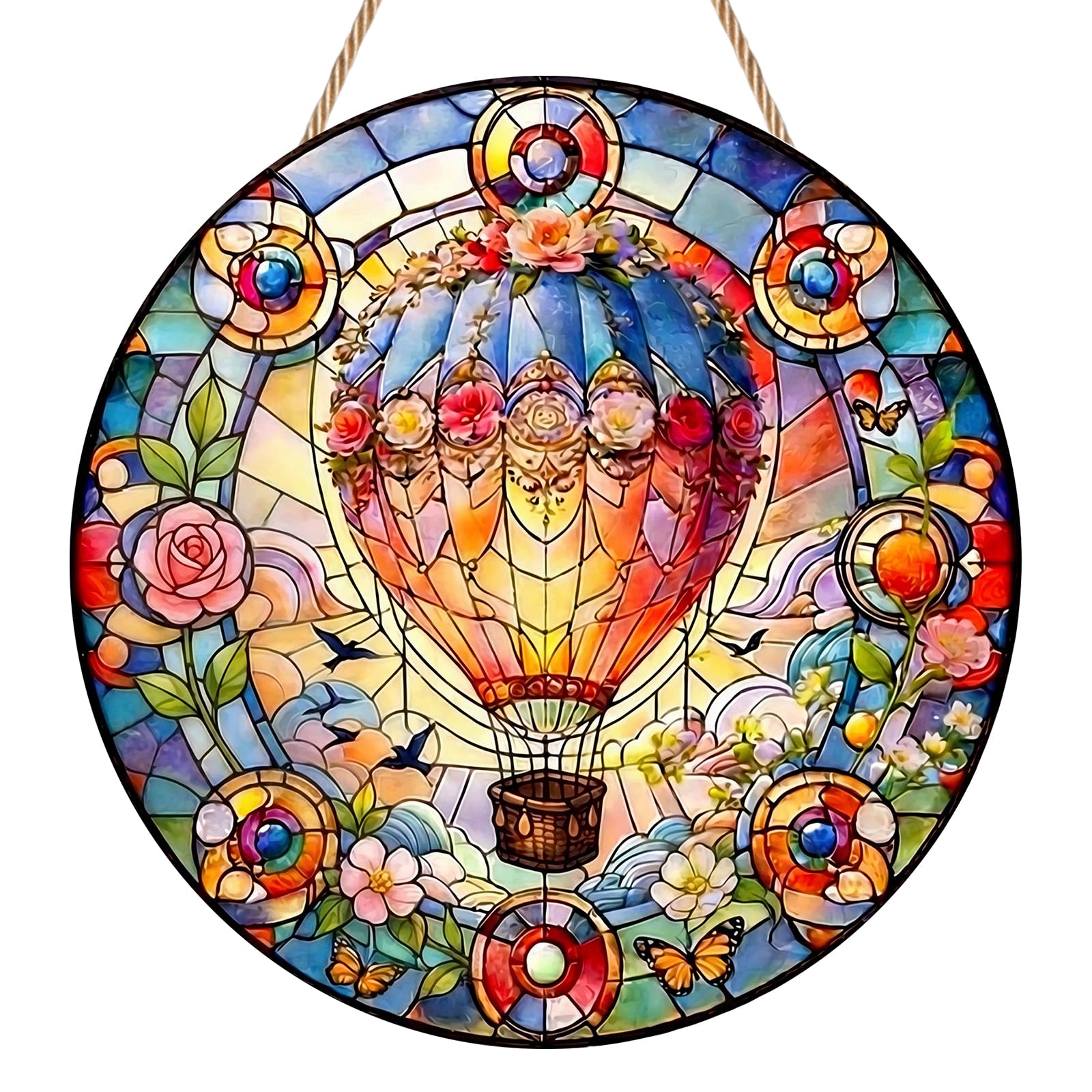 Hot Air Balloon Suncatcher, Colorful Garden Ornament Outdoor, Stained Glass Sun Catchers for Windows & Walls, Acrylic Rainbow Maker Hanging Ornament for Home, Fence & Garden Decorations