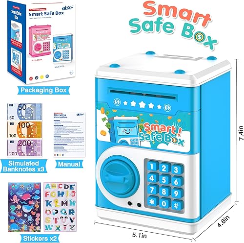 Miniatura 6 de Alcancía azul para niños, banco electrónico de monedas, tarro de dinero seguro para niños de 4 7 8 9 10 11 años con bloqueo de código de contraseña