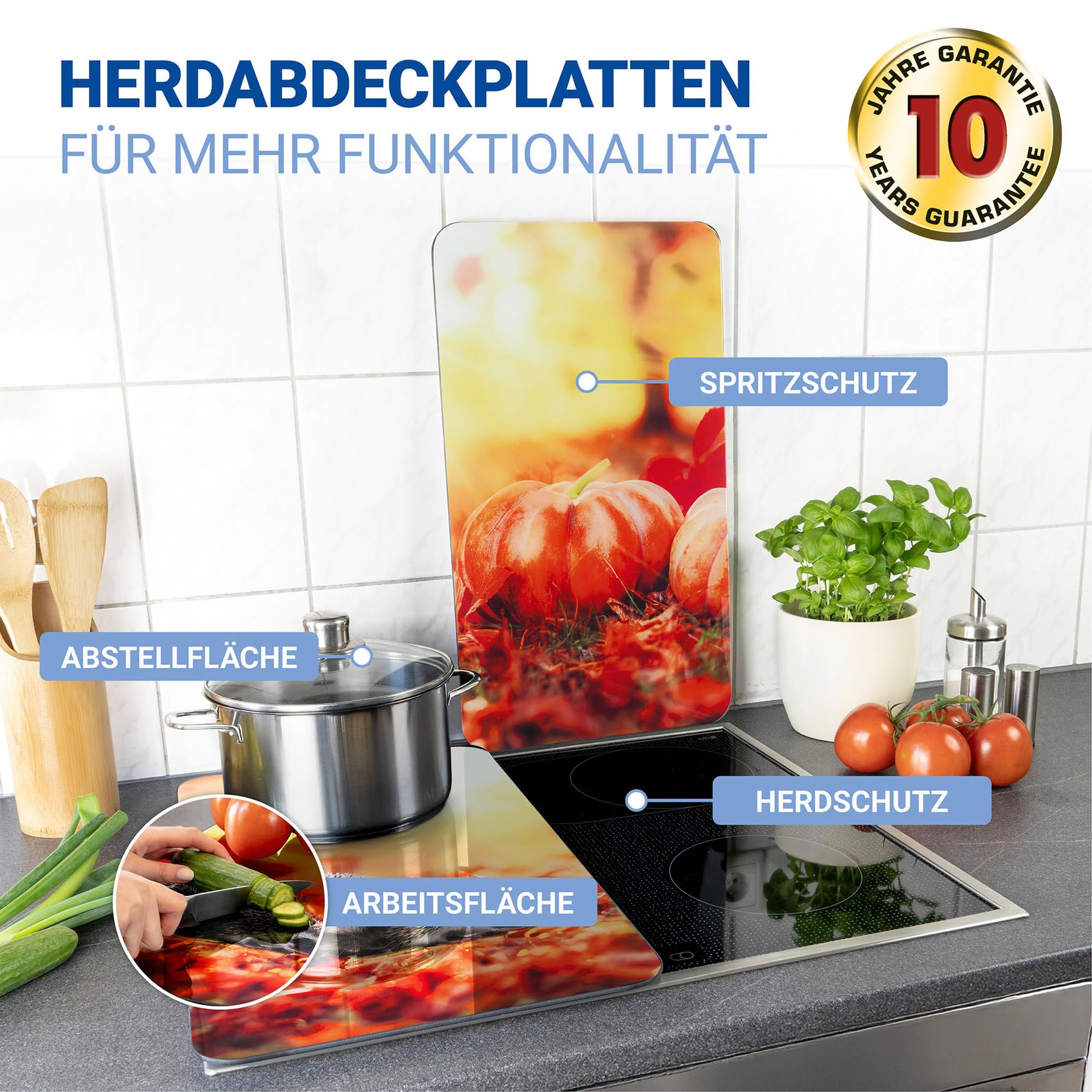 WENKO Plaque de Recouvrement Universelle Mod Automne, réglable en hauteur pour tous types de cuisinières, planche à découper et protection anti-éclaboussures, verre, 30 x 52 cm, 2 pièces