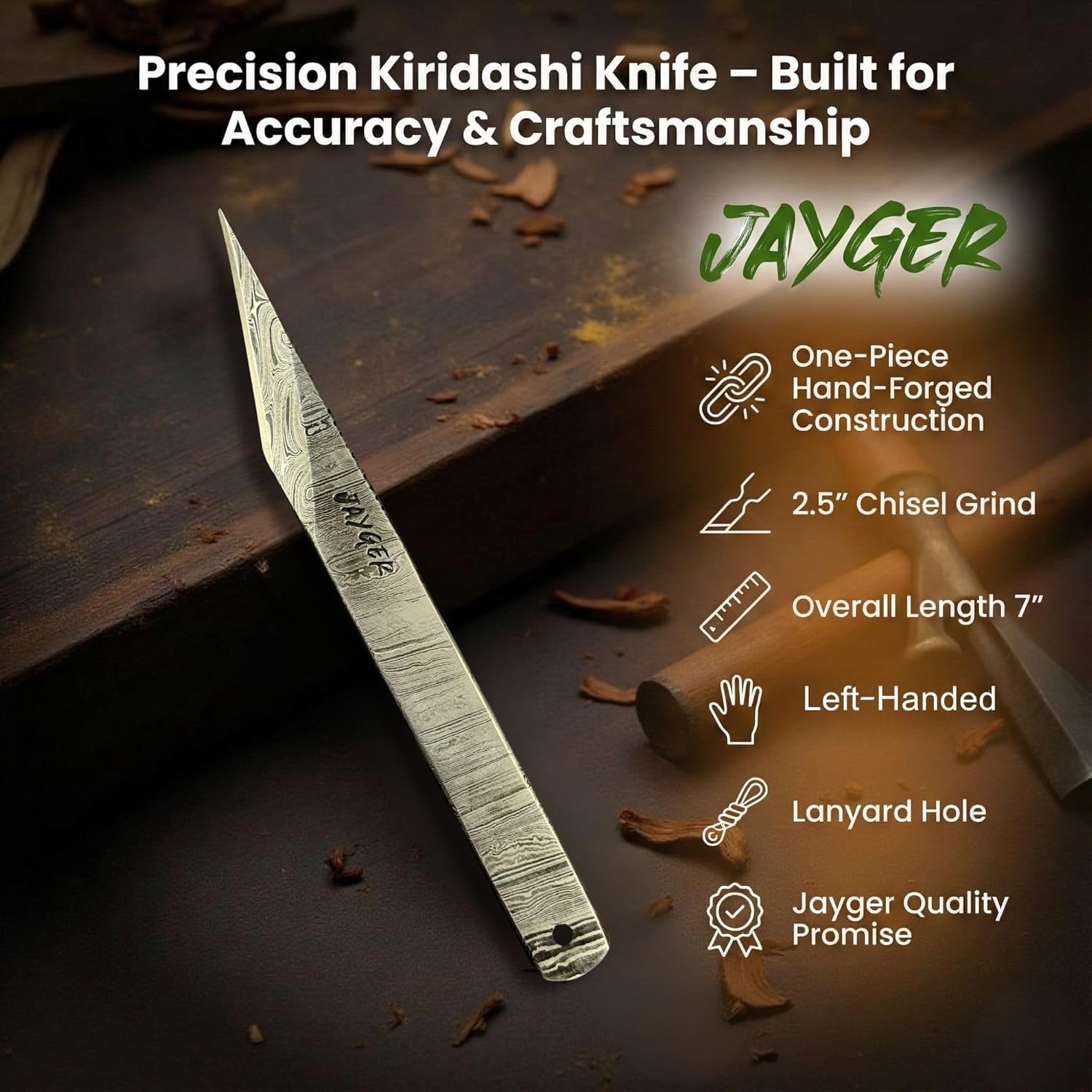 Kiridashi Knife Left Hand 18mm, Left Handed Utility Knife for Marking, Scribing, Carving, Whittling, Woodworking, Hand Forged Damascus Steel Blade