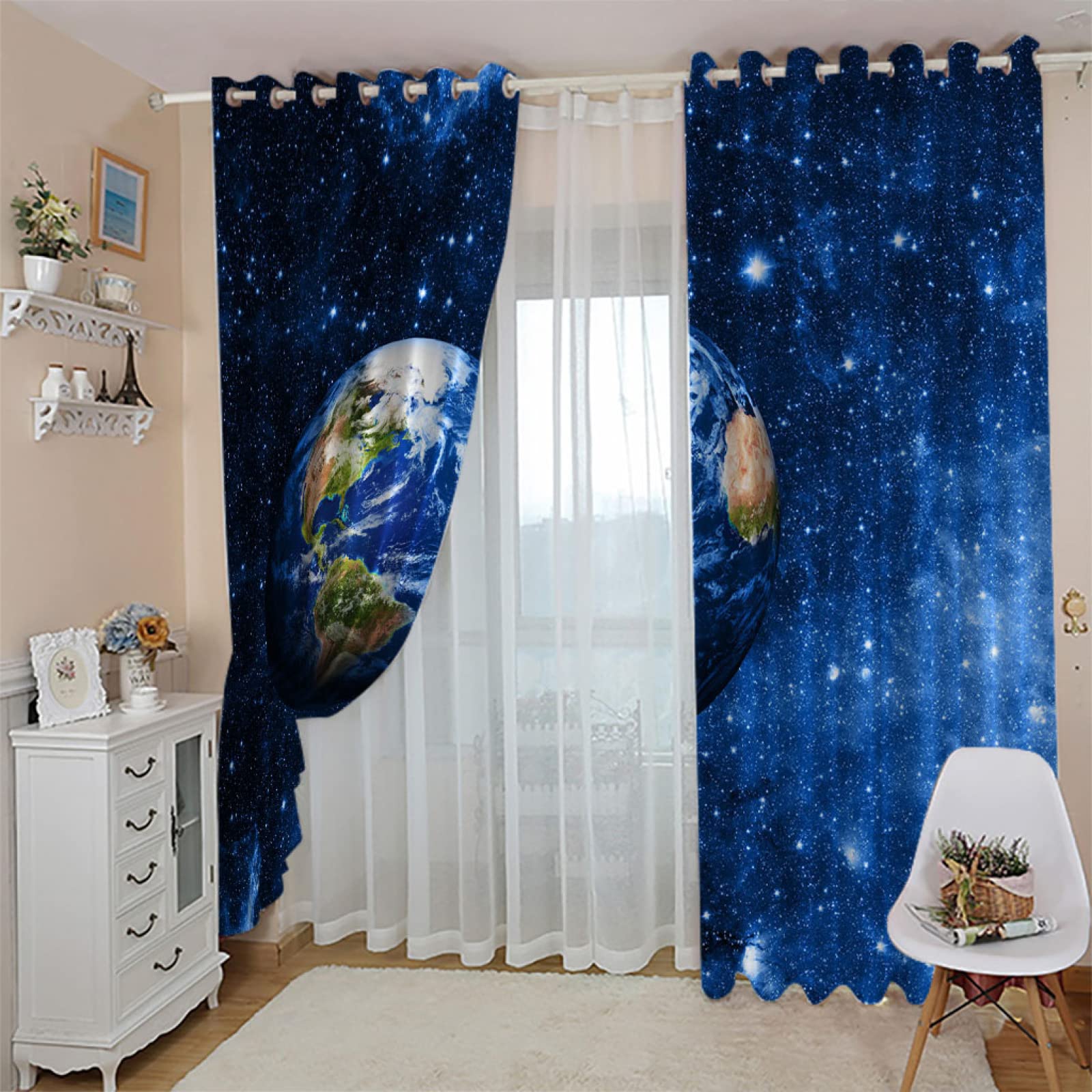 POGIB Rideaux Thermiques Isolants Occultants Anti Froid Anti Chaleur 3D Planète Étoilée Bleue Motif 200X214Cm Lot De 2 Rideaux Salon Cuisine Chambre Enfant Adulte Rideaux Occultants À Oeillets