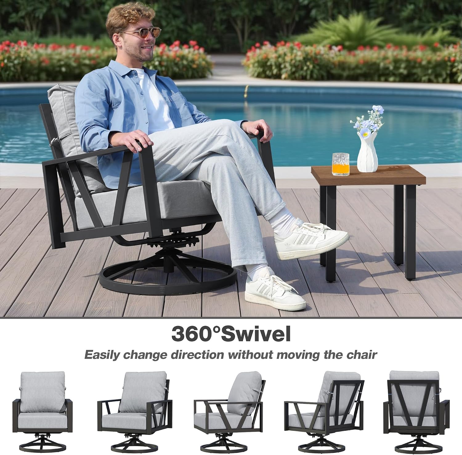 Outdoor Patio Swivel Rocking Chairs Set, Front Porch Furniture with 6" Thick Cushions, 3 Pieces Outdoor Bistro Set with Coffee Table, 350lbs, Light Grey