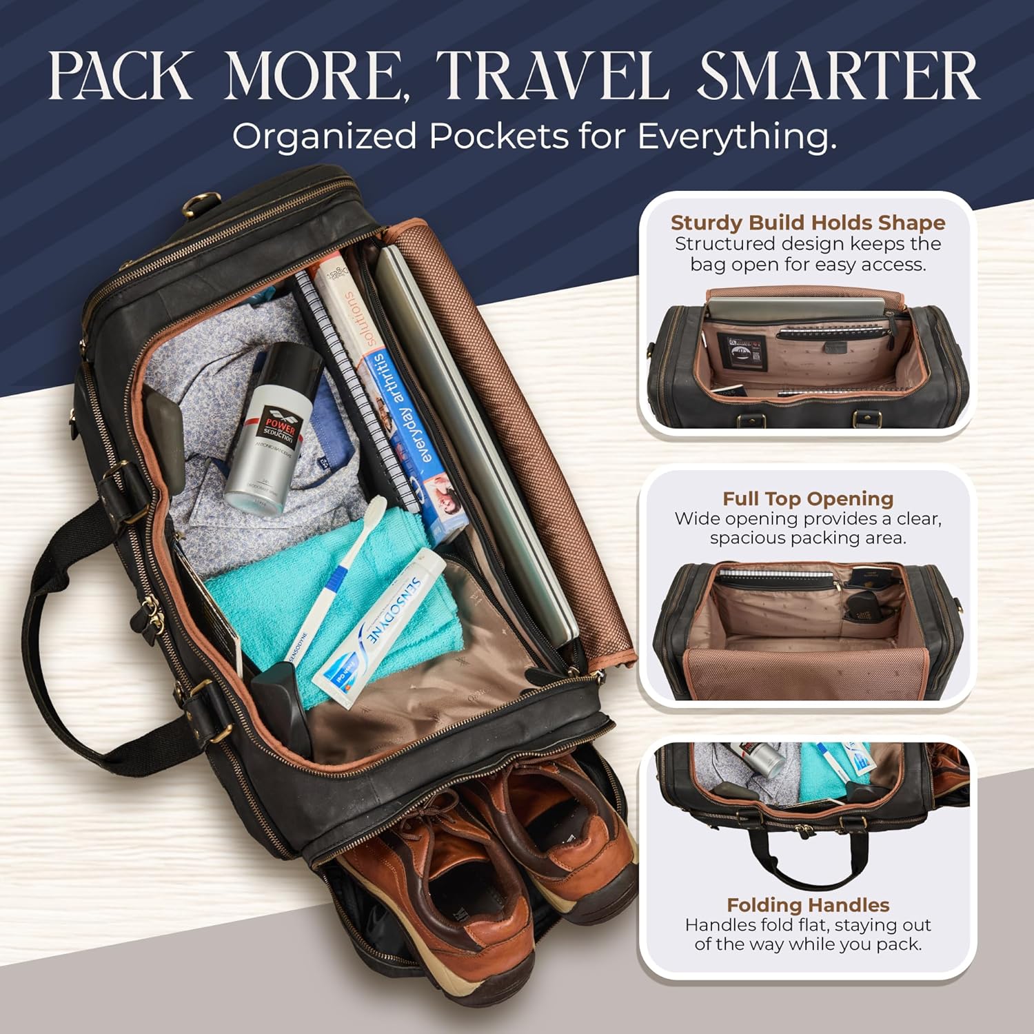 full grain leather duffle bag front view