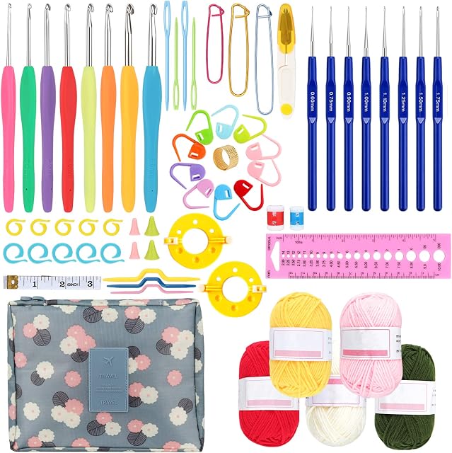 Coopay Crochet Hooks Set, Crochet Kit for Beginners Adults with Wool, Includes 16 Ergonomic Metal Crochet Hooks Soft Grip, Accessories, Yarn and Storage Case, Beginners Starter Crochet Kit, Floral