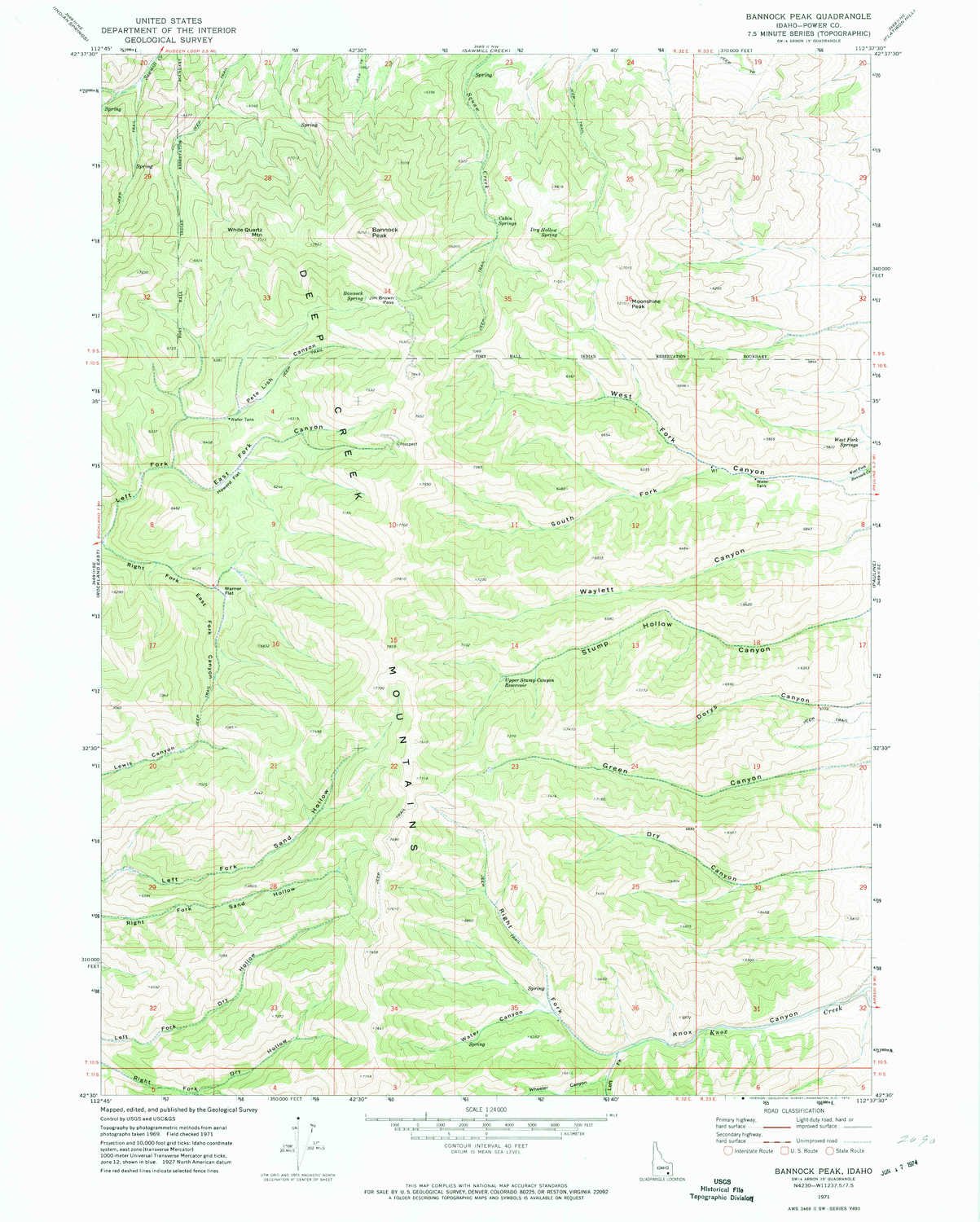 Bannock Peak ID topo map, 1:24000 Scale, 7.5 X 7.5 Minute, Historical, 1971, Updated 1974, 26.7 x 21.4 in