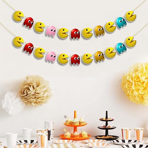 Miniatura 5 de Pacmn - Decoración de guirnalda de fantasmas, suministros para fiesta de cumpleaños con temática de videojuegos retro de arcade, pancarta colgante