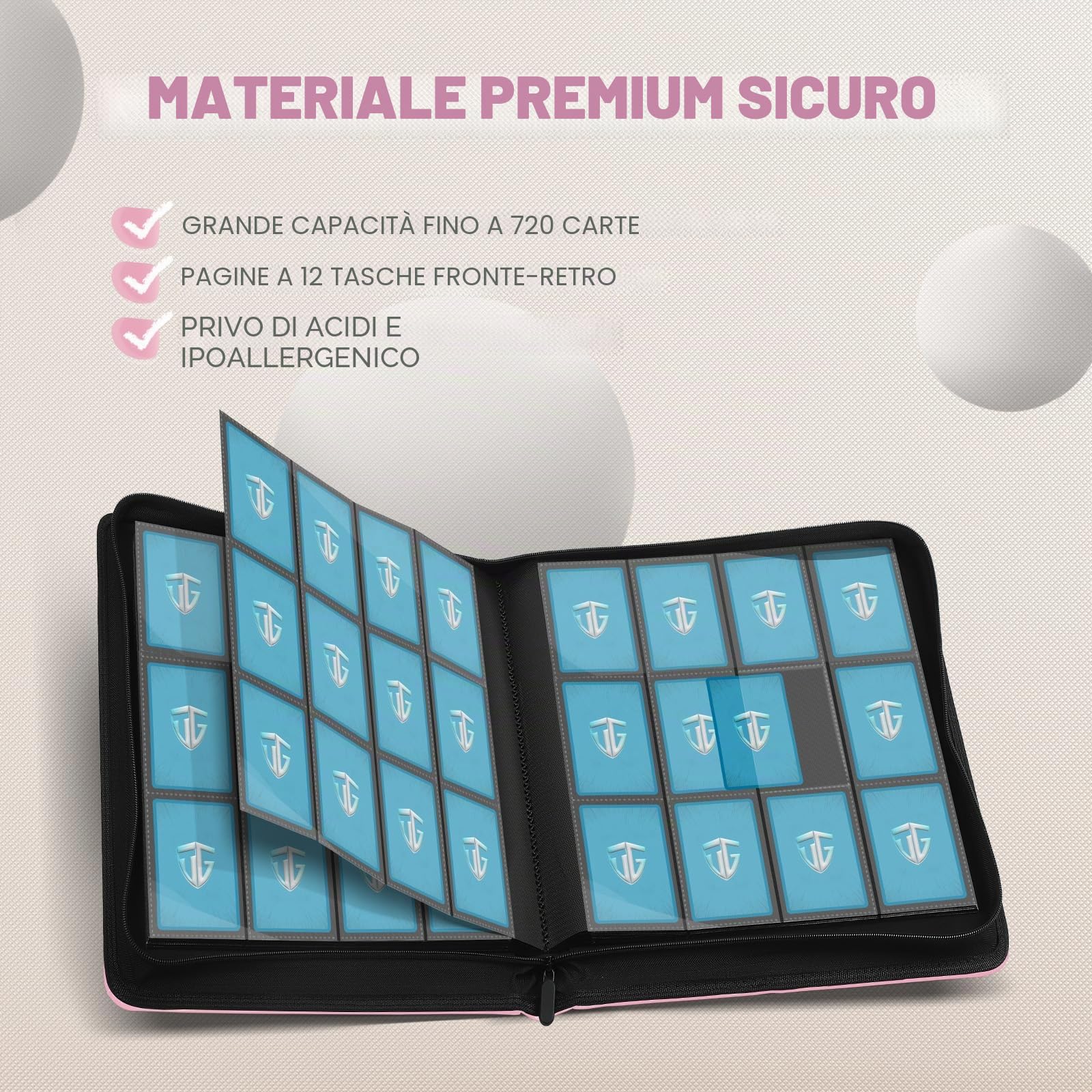 TCGUARD 12 Scomparti per Carte da Collezione, Album con Chiusura Lampo, per 720 Carte, Raccoglitore per Carte di Credito, Tasche Laterali Sicure, Compatibile con YuGiOh, MTG, Carte Sportive, Rosa