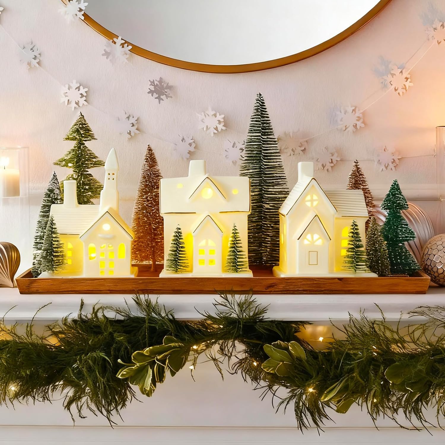 Timer: White Ceramic Christmas Village Houses, 3Pcs Light Up Christmas Village Sets with 4Pcs Trees, LED Lighted Tabletop House Figurines for Home Decor, Winter Holiday, Xmas Gift