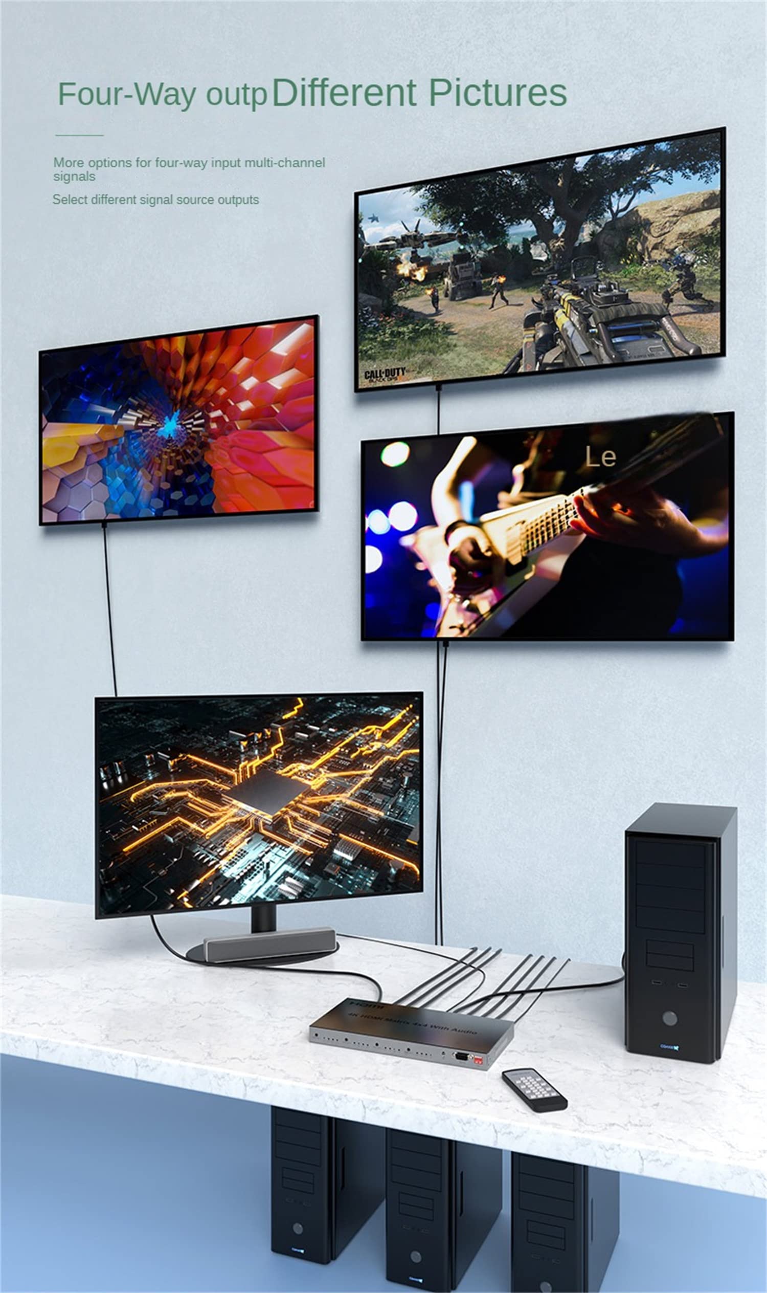 Matrix HDMI 4X4 con Audio, 4K@30Hz Switch 4 in 4 Out con Estrattore Audio, Selettore Splitter Supporto HDR HDCP2.2 EDID
