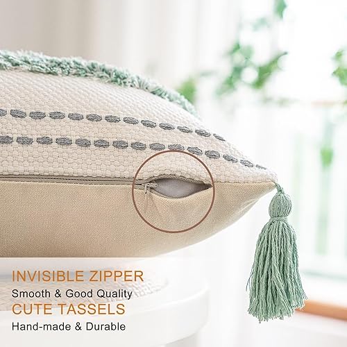 Miniatura 3 de Juego de 2 fundas de almohada bohemias de 18 x 18 pulgadas, fundas de almohada tejidas copetudas con borlas y rayas texturizadas, fundas de cojín