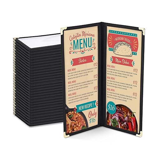 WeChef - Juego de 30 fundas para menú de restaurante de 4.25 x 11 pulgadas, doble pliegue, 2 páginas, 4 vistas, transparente, soporte para menú de