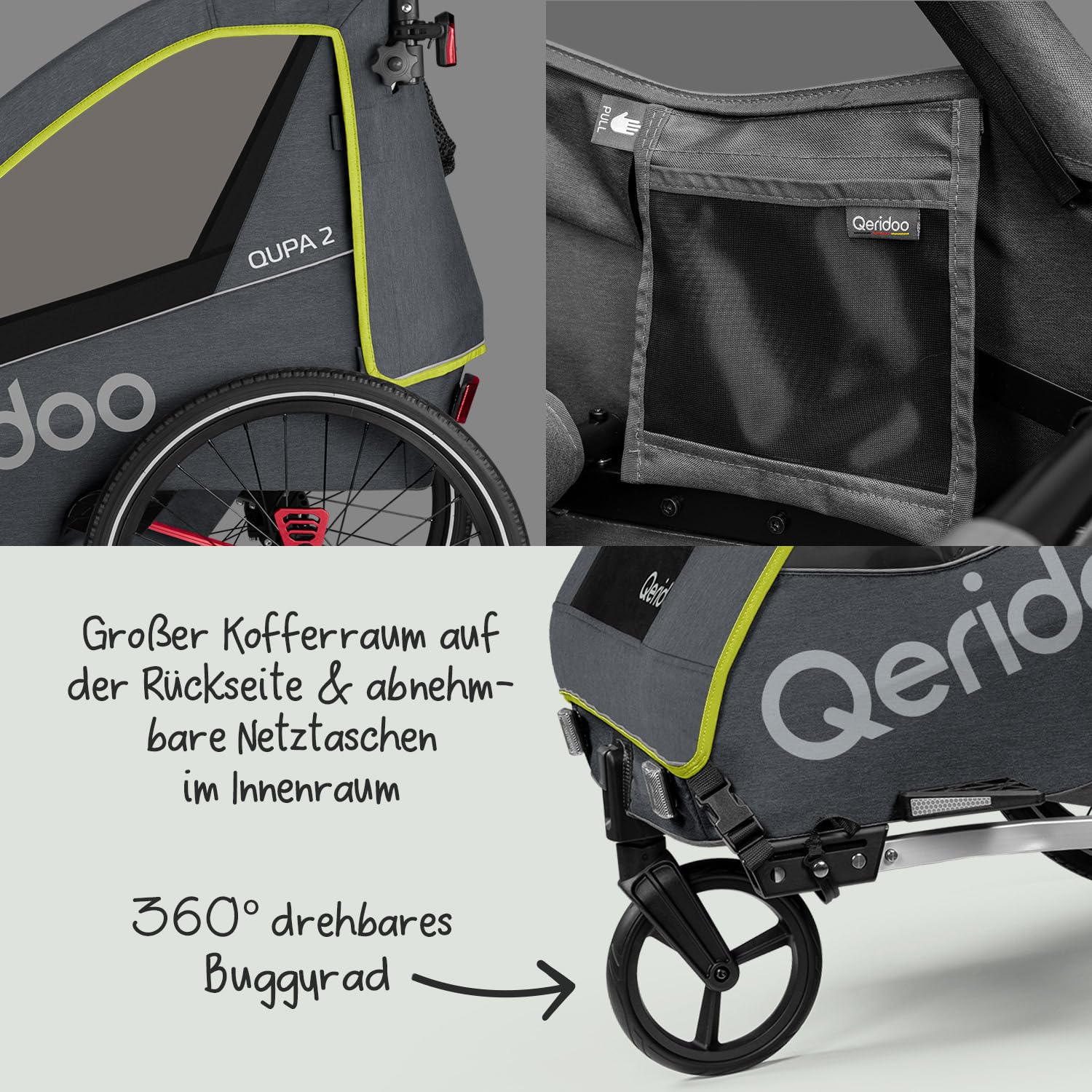 Qeridoo QUPA 2 | Fahrradanhänger 2 Kinder | Kinder Fahrradanhänger mit Blattfederung & Handparkbremse | Jogger Kinderwagen | Kinderfahrradanhänger klappbar | Fahrrad Anhänger
