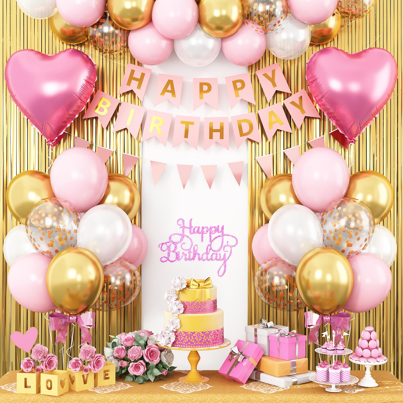Pink Gold Birthday Decorations for Girls,Happy Birthday Decorations for Women,Gold Fringe Curtain Happy Birthday Banner Pink Heart Foil Balloons for