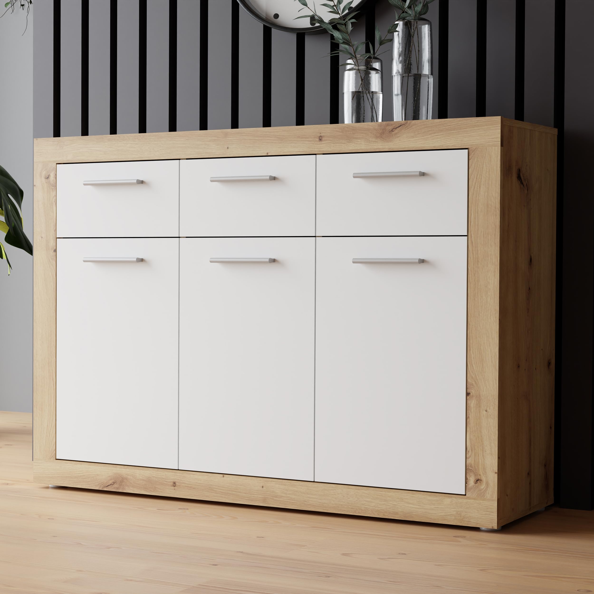 Forte BACCIO Kommode 110 120, Moderne Kommode für Wohn-/Schlafzimmer, 3-türig, 3 Schubladen, Holzwerkstoff, Artisan Eiche Holzdekor|Weiß, 117,9 cm breit x 91,5 cm hoch x 34 cm tief