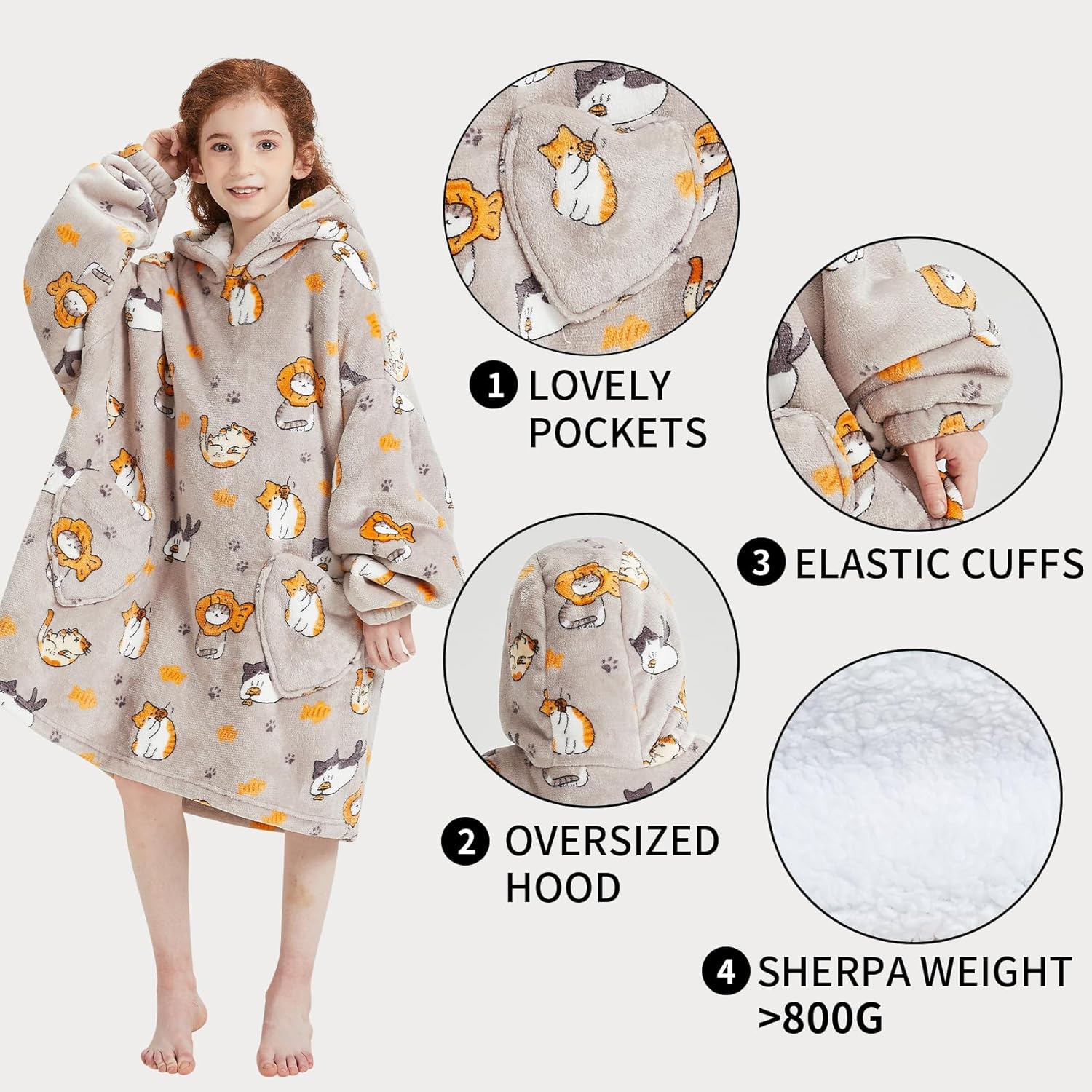 Fiosnow Cat Blanket Hoodies for Kids 6-13YR Oversize Wearable Blanket Hoodies for Boys Girls Teens - Image 4