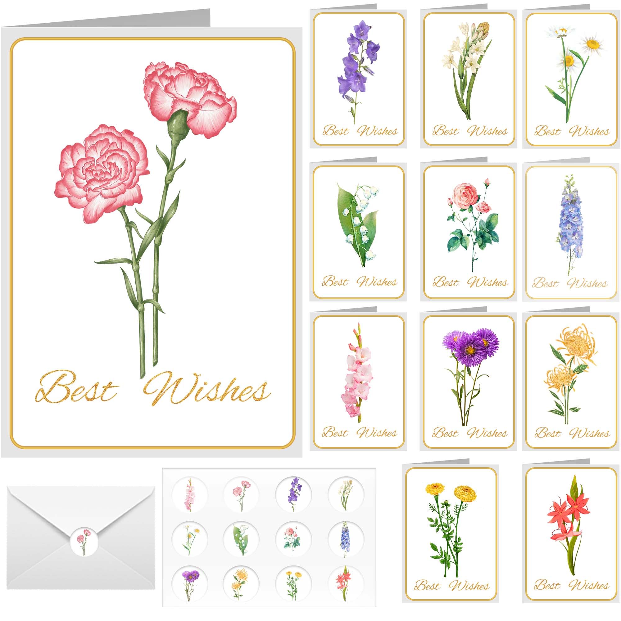 VineBite Card Set - 24 Pack Blank Greeting Cards (4" x 6") with Envelopes, Flower Themed from January to December, Printed with 'Best Wishes', Gold Foil and Matching Stickers, Floral Greeting Cards,Blank Note Cards,Suitable as Stationery Gifts for Birthdays, Holidays, and Various Occasions!