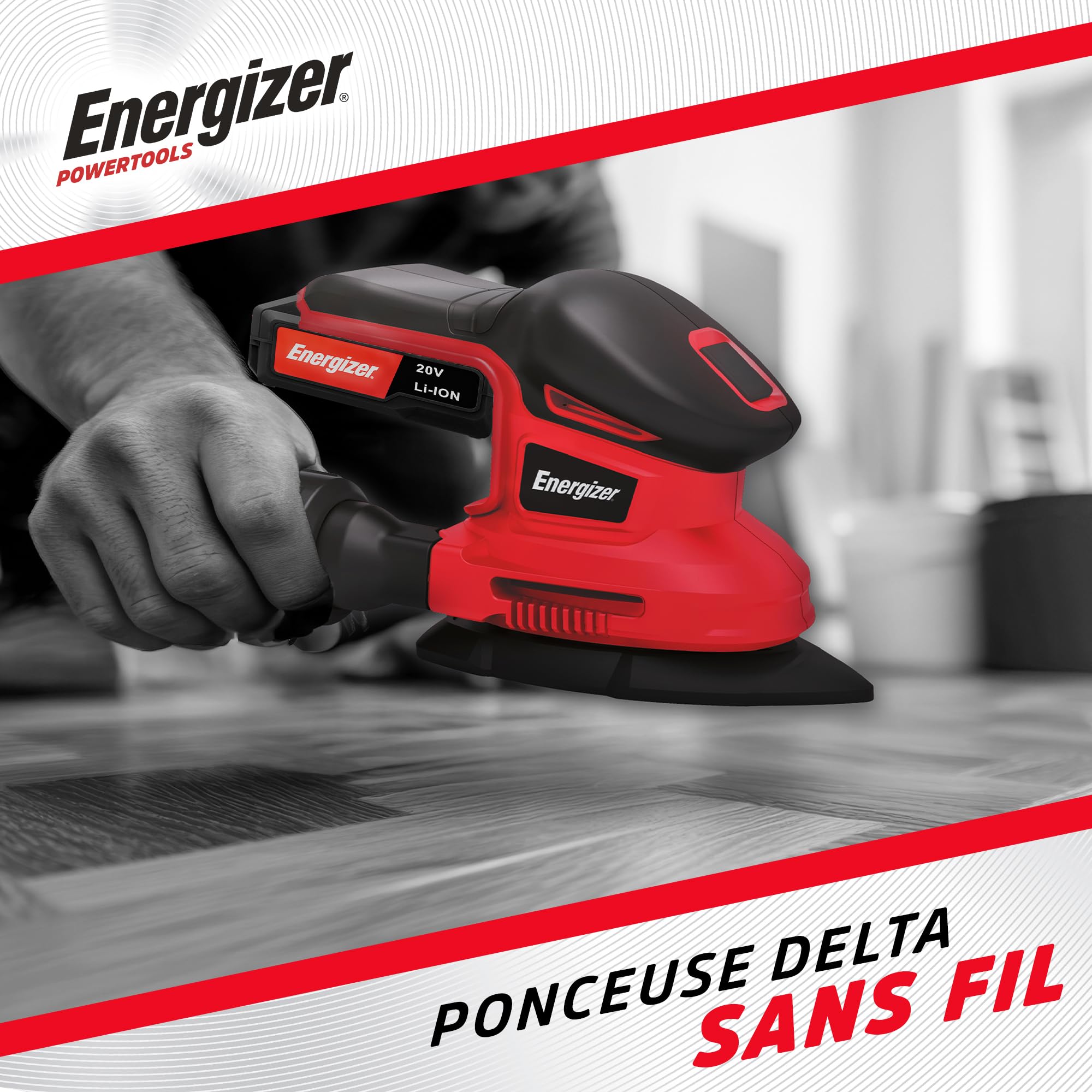 Energizer - Levigatrice Orbitale Multifunzione Triangolare Senza Fili 20V con Batterie Incluse – 10000 OPM, Sacchetto Aspirapolvere, 10 Fogli Abrasivi Inclusi (P60/80/120), Ideale per Finiture e Fa