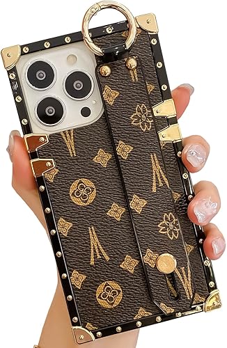 Miniatura 1 de TRODINO Funda cuadrada de cuero para iPhone 13 Pro con correa de pulsera, funda de teléfono de diseño de lujo para mujeres y niñas, soporte de mano,