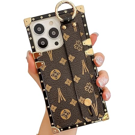 Rectangle Leather Compatible with iPhone 14 Pro Case with Wristband Strap, Luxury Designer Phone Case for Women Girls, Hand Holder Kickstand Protective Bumper Cover 6.1” (Brown)