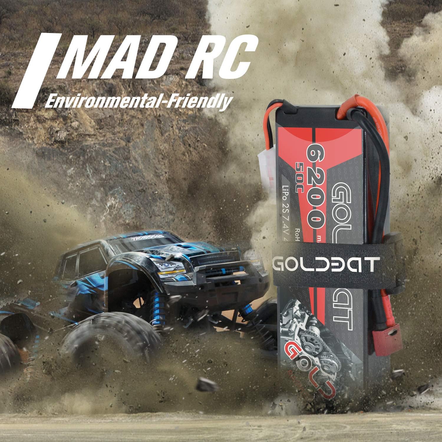 GOLDBAT 6200mAh 7.4V 50C 2S Lipo RC Battery 2 Pack Hard Case with T Plug for RC Evader BX Car RC Truck RC Truggy RC Heli Airplane Drone