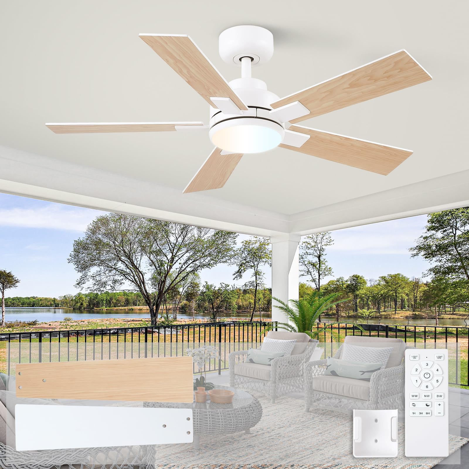 Wellspeed Ceiling Fans with Lights - 42 inch White Cover Outdoor Ceiling Fan with Light and Remote, Reversible DC Motor, 6-Speed Quiet 3CCT LED Dimmable for Bedroom, Indoor and Cover Outdoor