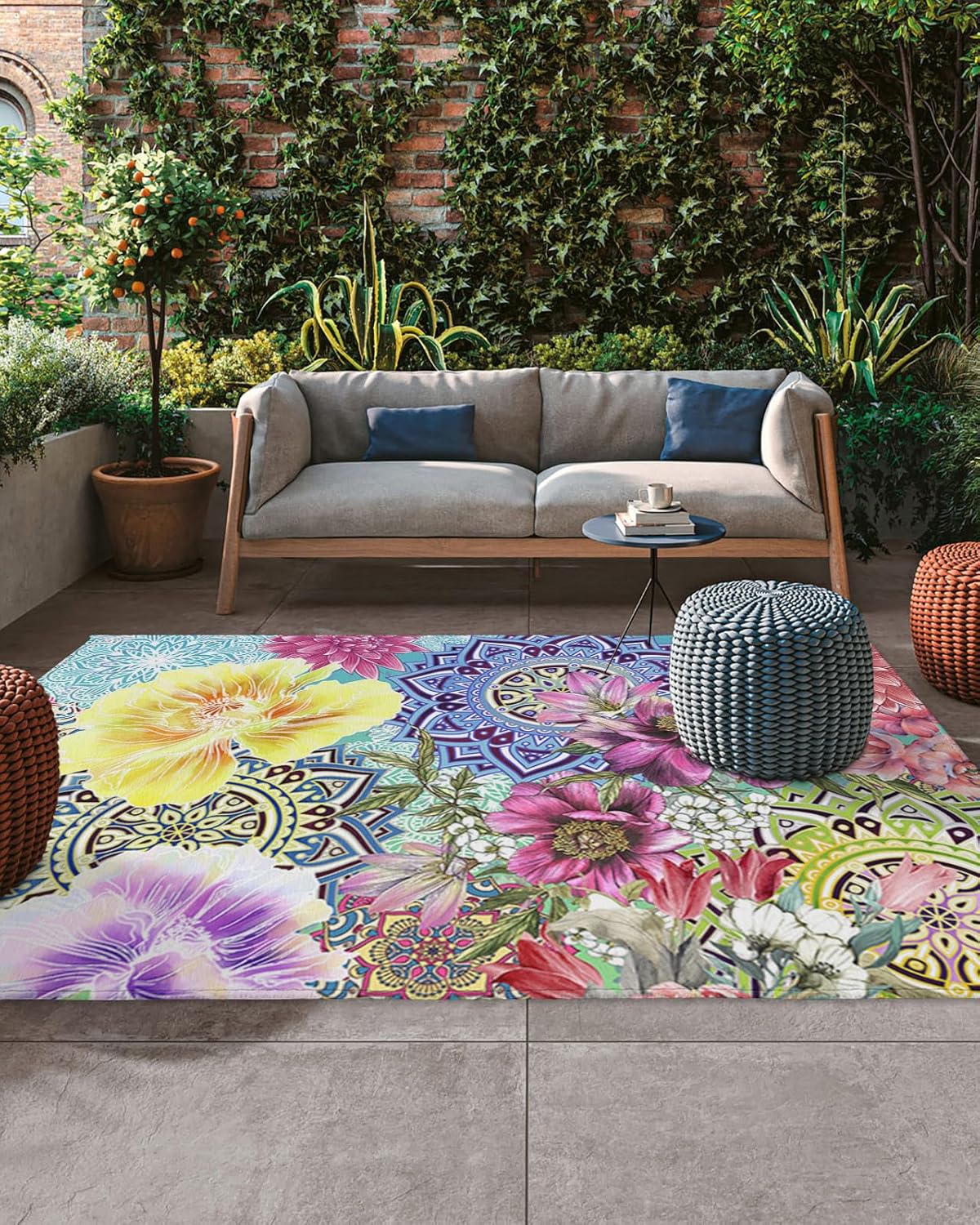 Outdoor Rug 4x6 ft Boho Floral Outdoor Large Area Rug Non Slip Rubber Bright Flowers Blossom Bohemian Mandala Front Door Mat RV Rug Camping Carpet Patio Outdoor Rugs for Backyard Balcony Deck Indoor