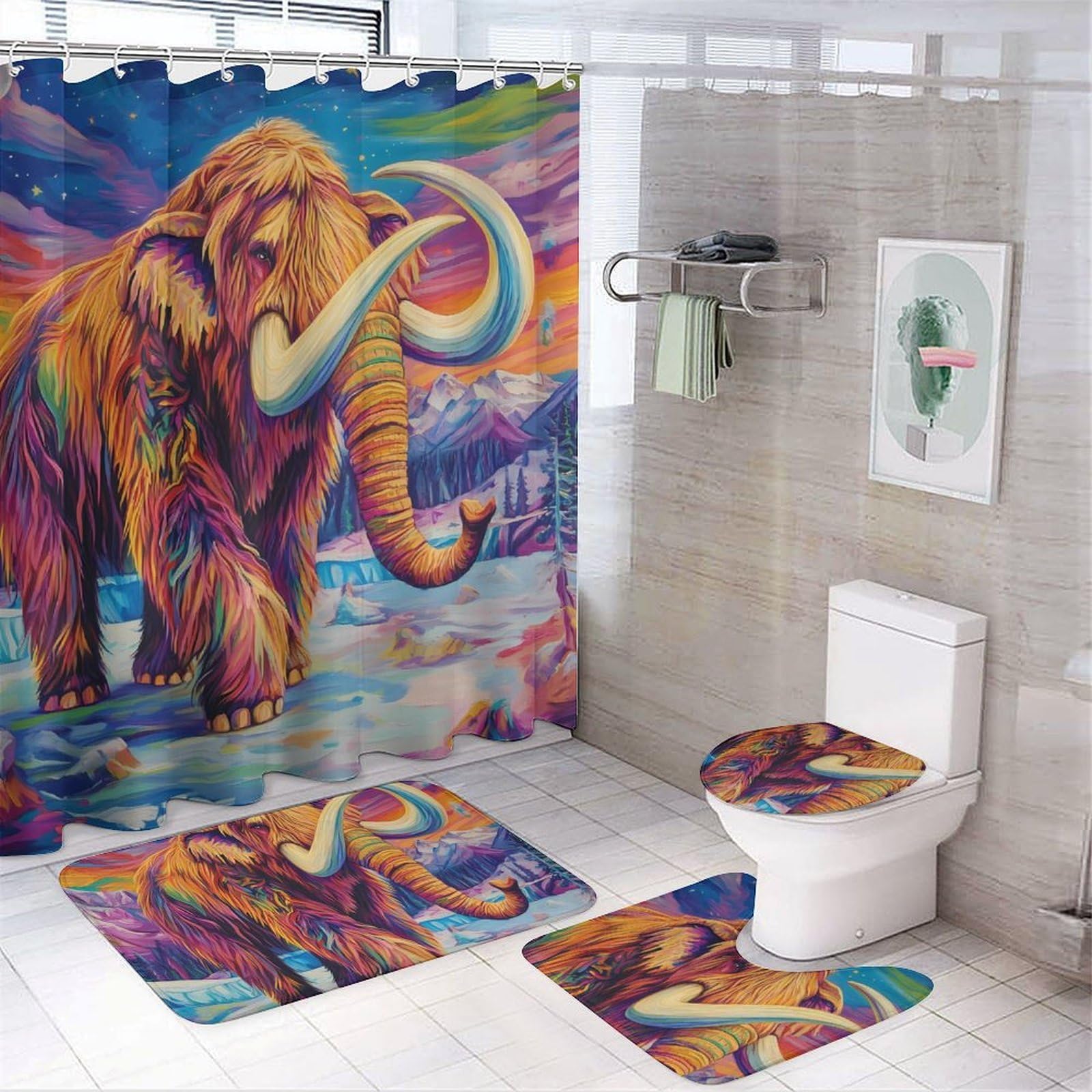 CGSBNGHA Woolly Mammoth on Ice Shower Curtain Set 4 Piece Bathroom Sets with Rugs Toilet Lid Cover And U-Shaped Floor Mat