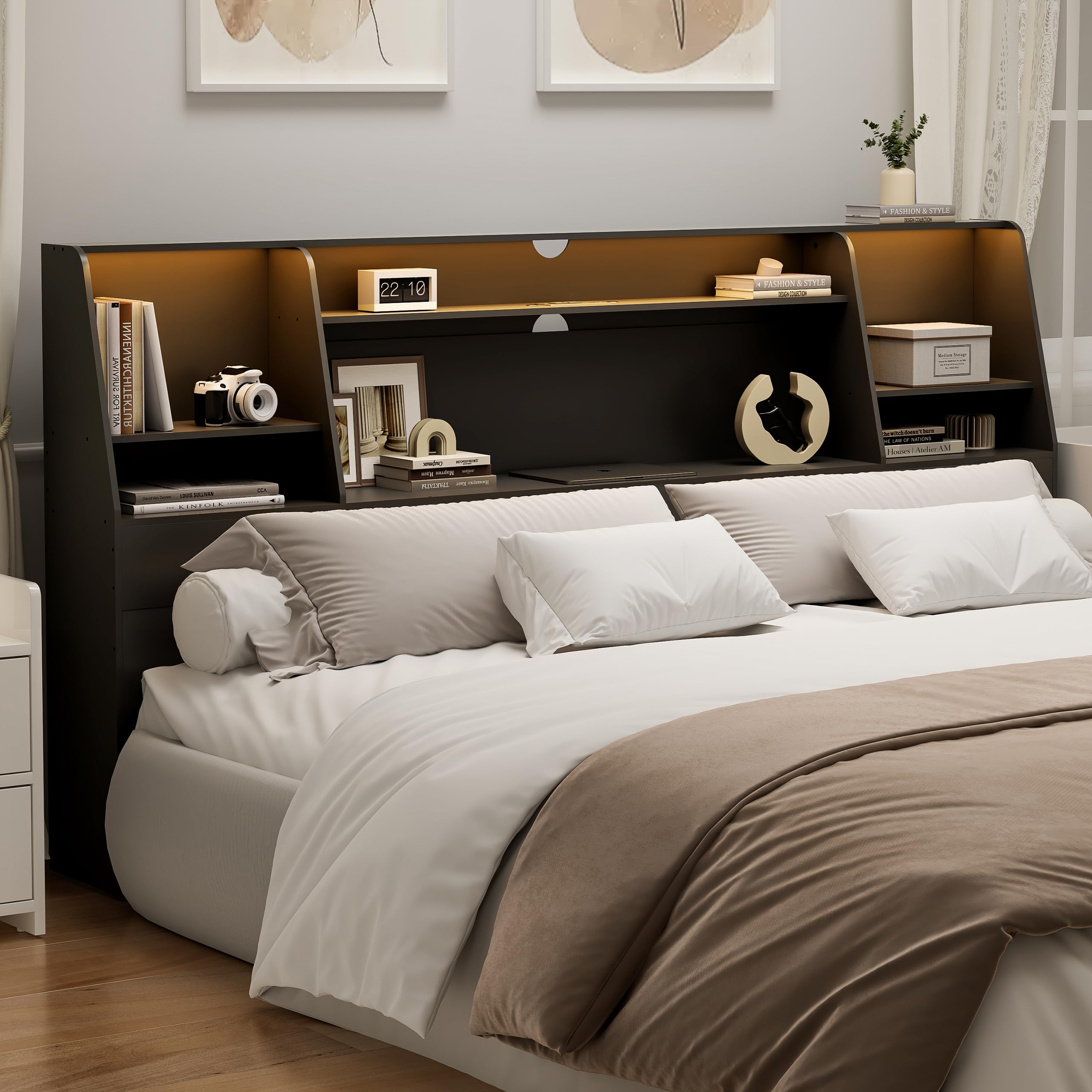 AYEASY King Size Headboard Only for Bed, Wood Bookcase Headboard with Charging Station & 2 LED Lights, Modern King Bookshelf Headboard with Storage,