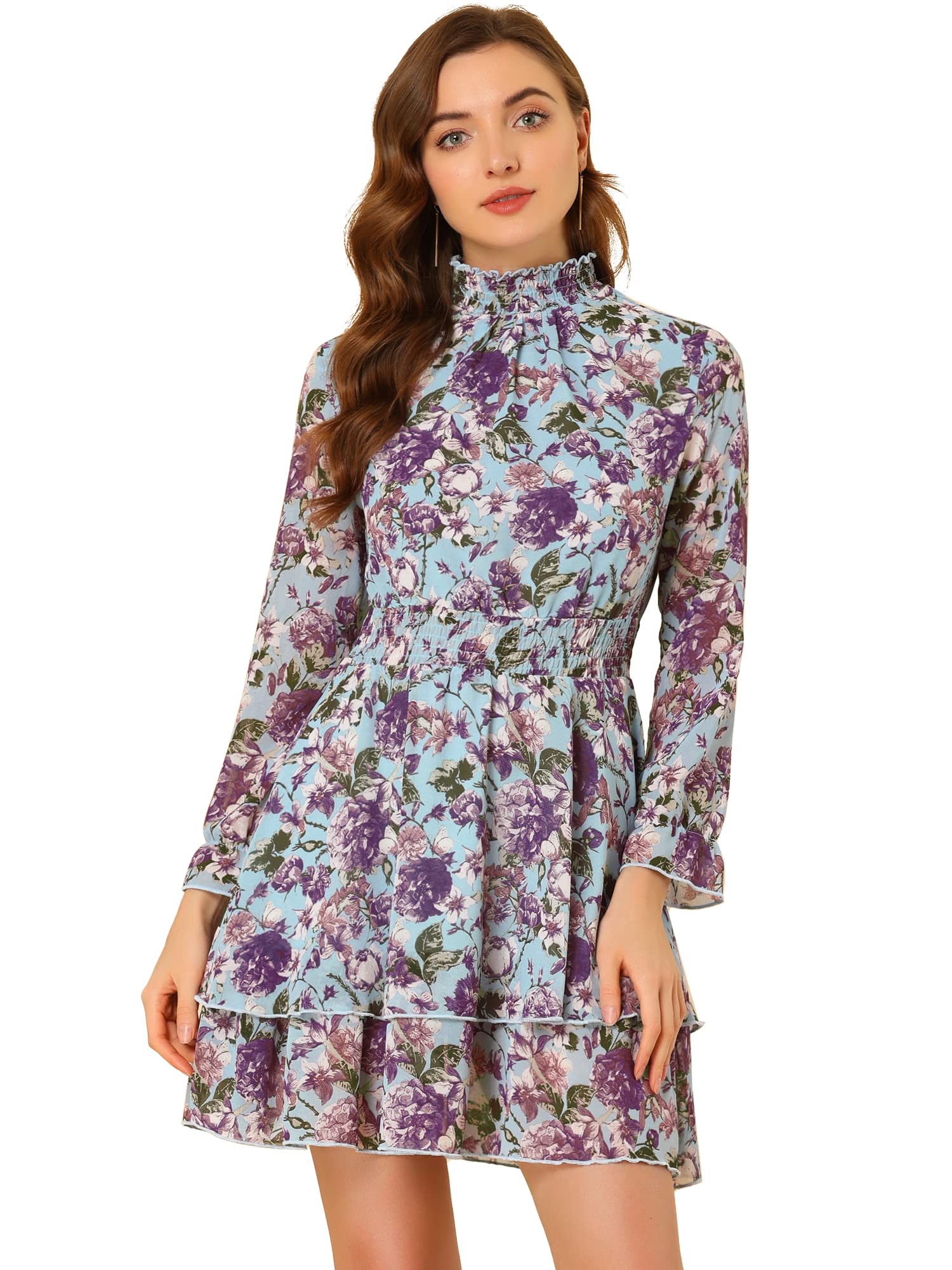Allegra K Damen Blumenkleid Chiffon Langarm Stehkragen Rüschen Layered Sheer Smock Waist Minikleider, blau, Groß