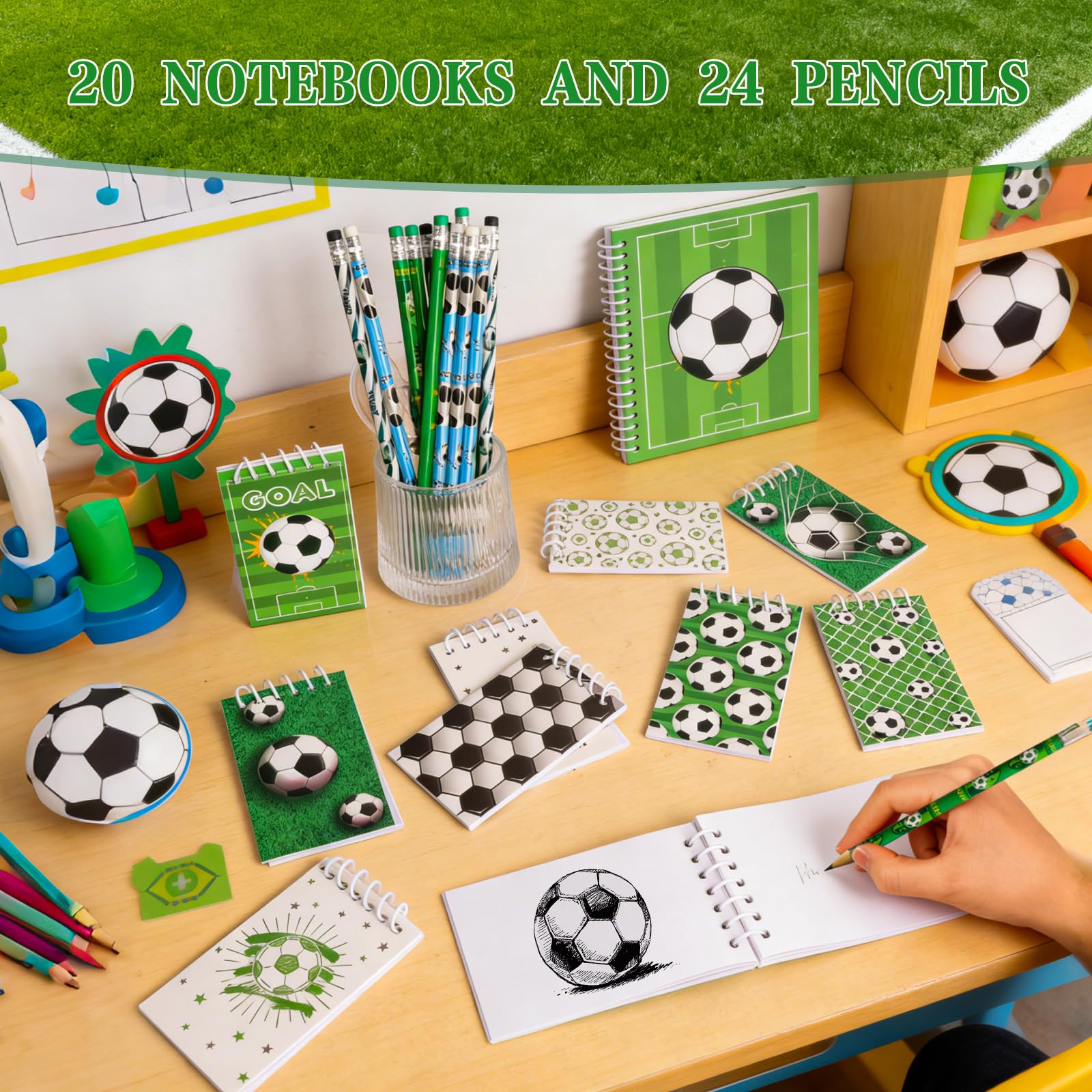 Carnet de notes football 20 pièces 24 crayons pour anniversaire fête classe fournitures bureau
