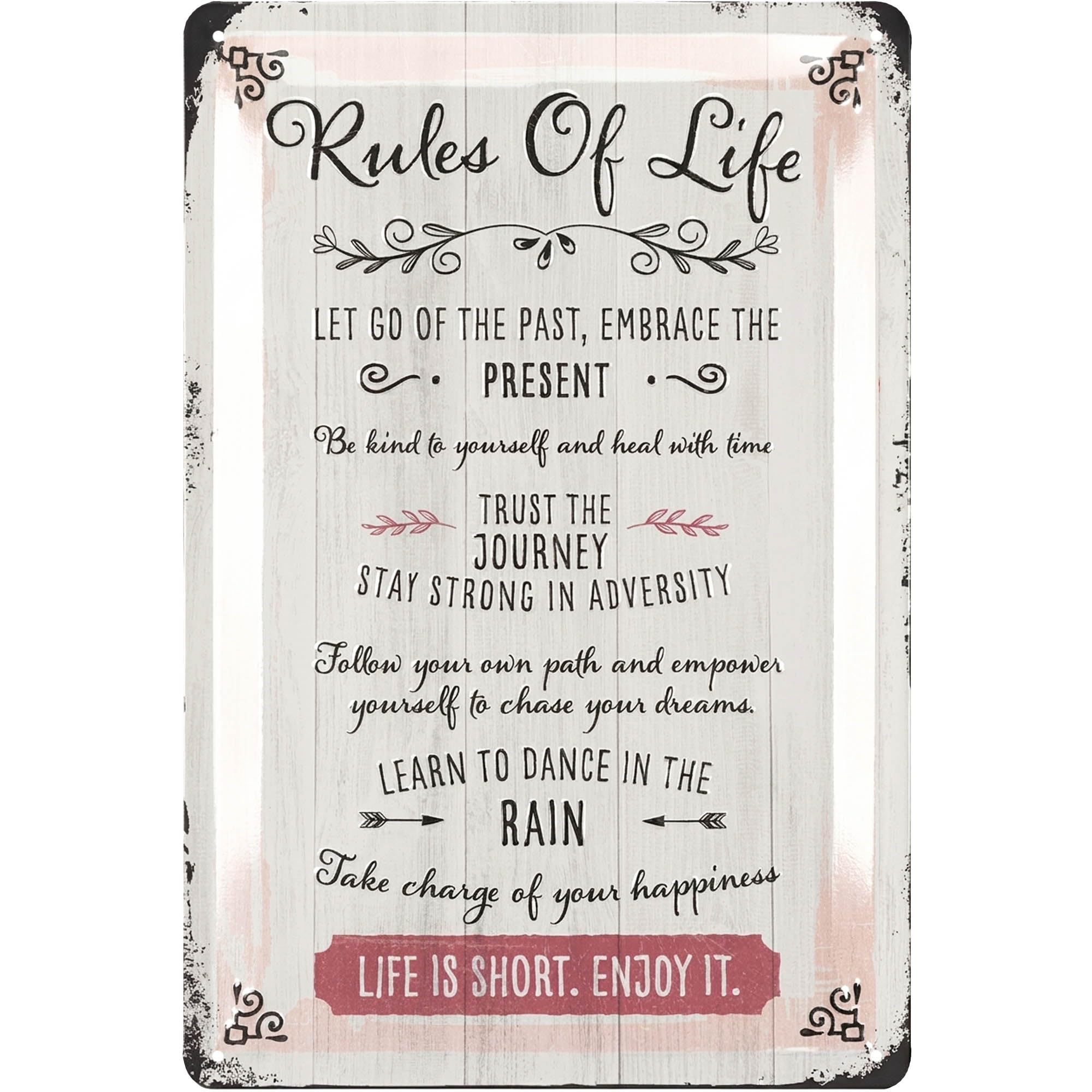 LANOLU Vintage Tin Sign - 7 Rules of Life, Home Belief, Happiness & Kitchen Decor, Family & House Rules - 12x8"