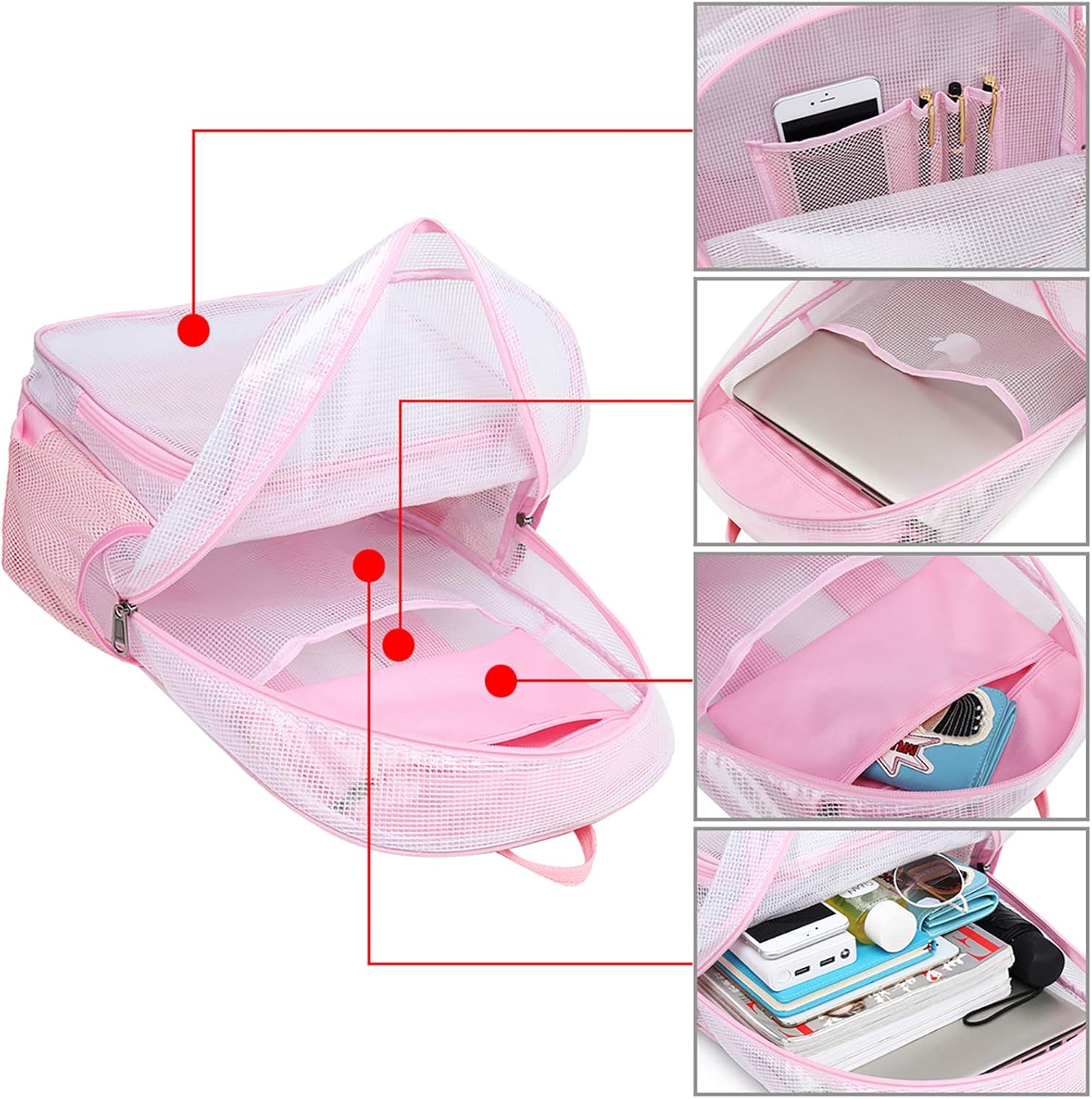 MIRLEWAIY Heavy Duty Mesh Backpack See Through Bag Stadium Approved Schoolbag with Laptop Compartment, Pink
