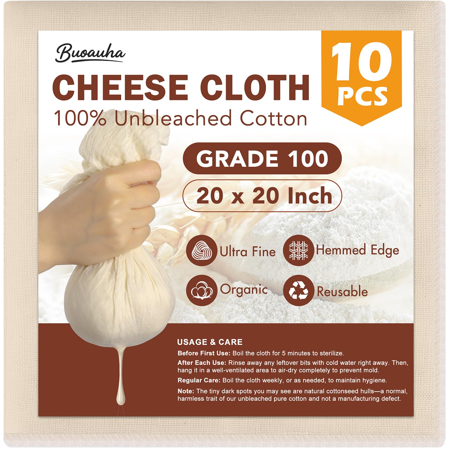 Photo 1 of 10 PCS Cheesecloth, 20x20 Inch – 100% Unbleached Cotton, Reusable Hemmed Cheese Cloths for Straining, Nut Milk, Baking and Cheese Making (Grade 100)