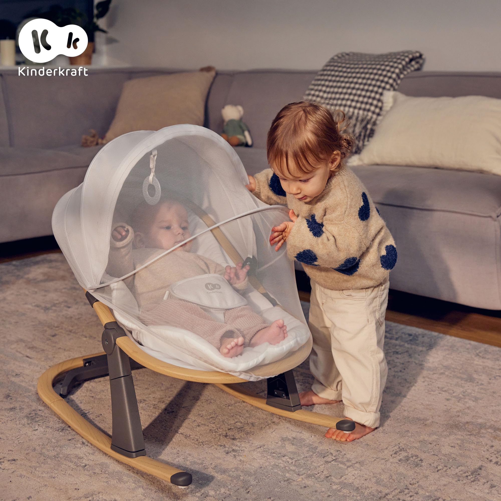 Kinderkraft ELSU Transat Bébé 2en1 evolutif, 0-9kg, Balancelle dès la naissance, Moustiquaire, Avec 2 jouets, Légère et pliable, Harnais de Sécurité, Gris