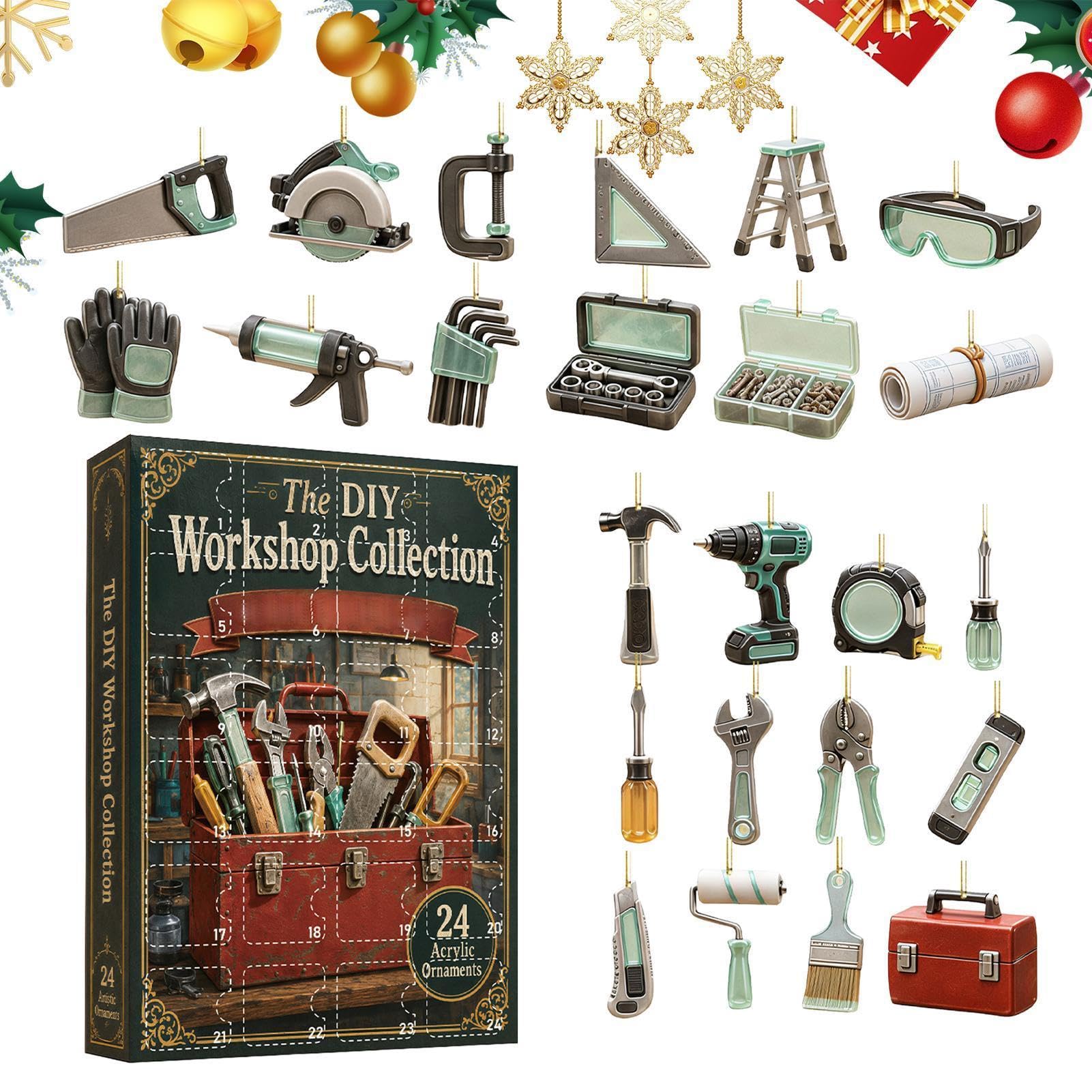 Weihnachts-Countdown-Kalender, 2D-Acryl, Werkstatt-Werkzeug-Themen-Anhänger | 24 Tage Urlaub Countdown für Wohnheim Arbeitsplatz Wohnung Zimmer Home Holiday Party MH164