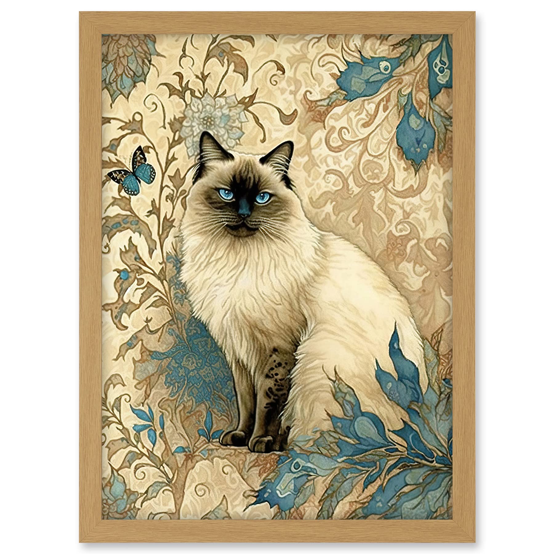 Artery8 Blue Point Ragdoll Cat with Teal Plants Art Nouveau Watercolour Illustration Artwork Framed A3 Wall Art Print