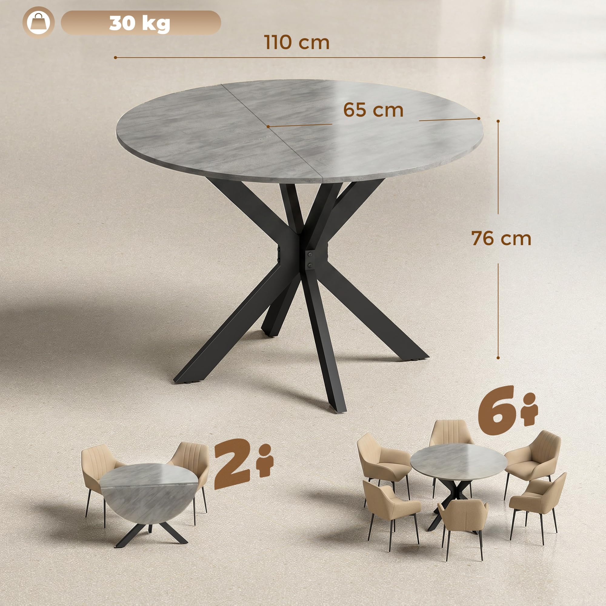 HOMCOM Tavolo da Pranzo Rotondo Pieghevole per 2-6 Persone, Ø110 cm Tavolo Cucina a Ribalta con Gambe a X in Acciaio, Piano Spesso, Salvaspazio per Soggiorno Sala da Pranzo, Grigio Cemento