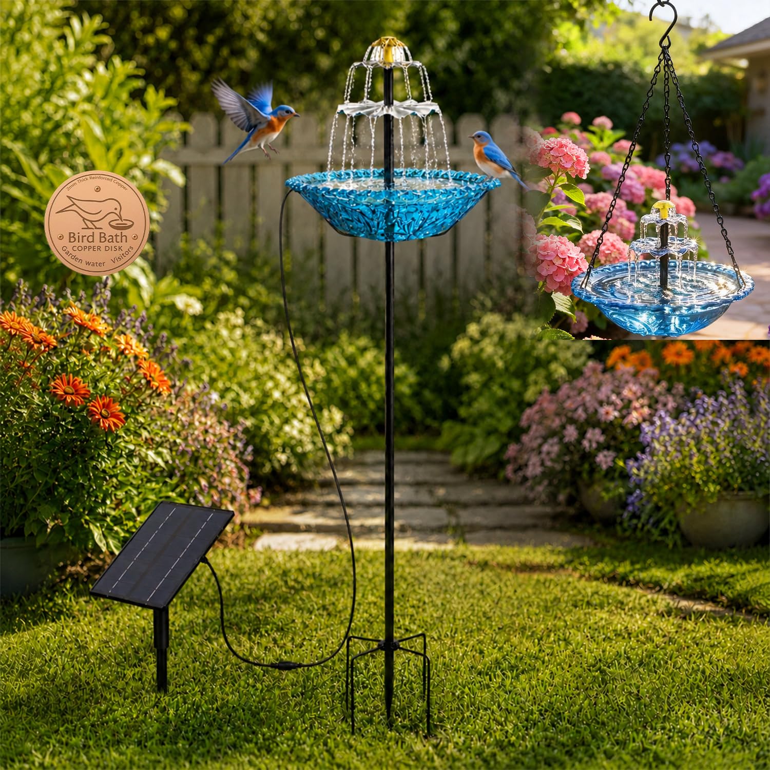2026 New Three-Tier Bird Bath Tub, Ground-Mounted & Hanging Solar-Powered Bird Bath Tub with Recirculating Water Design, Suitable for Gardens and Backyards - Decorative Garden Gift (Blue)