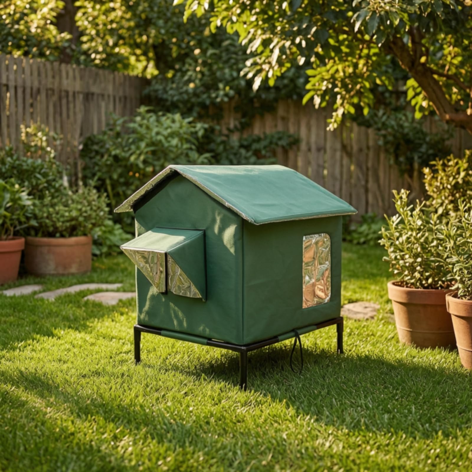 Niche pour Chat Hydrofuge, Vert Militaire, L-45 40 55cm | Toit Incliné Protecteur, Abri Extérieur pour Chat, Confortable, Jardin, Balcon