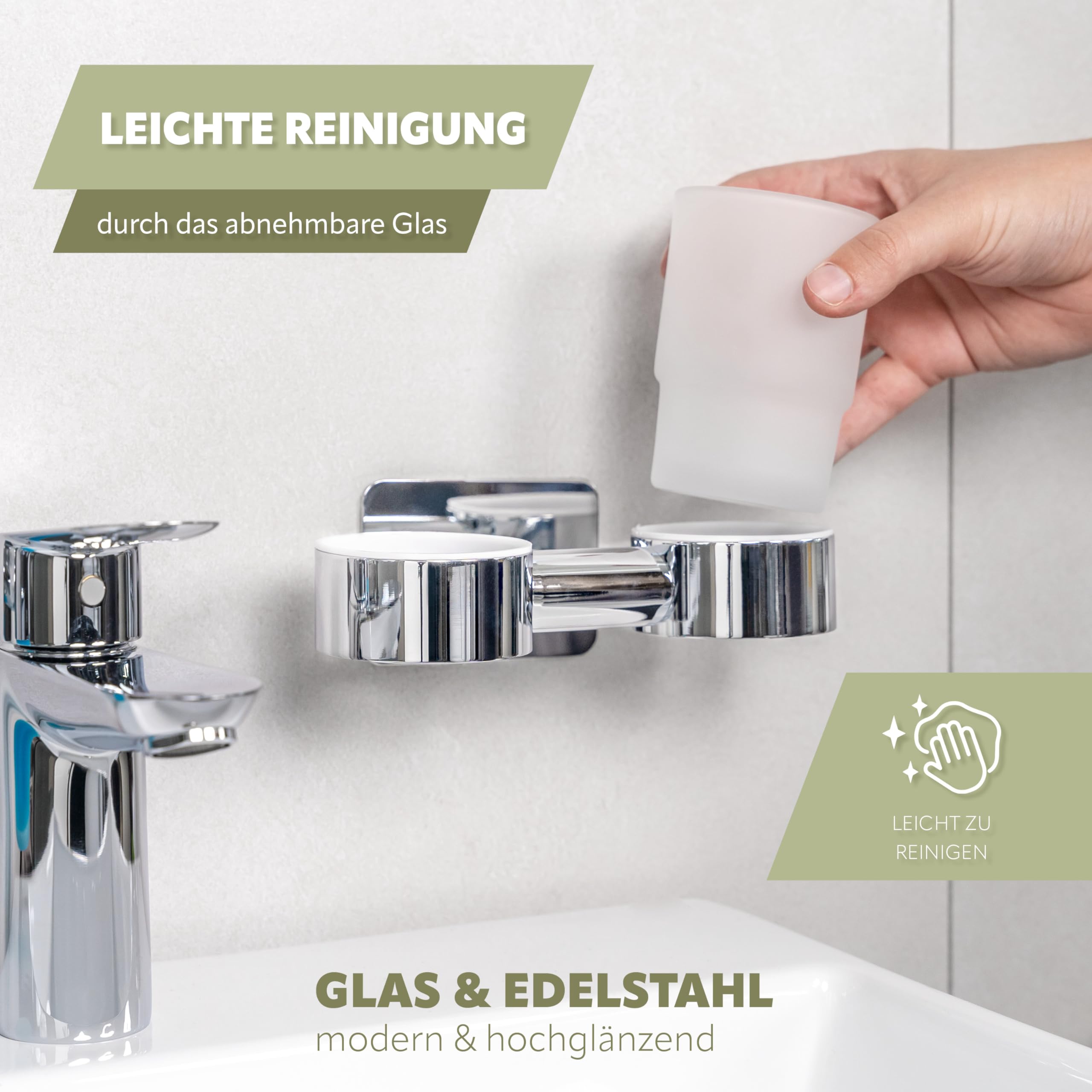 bremermann Bad-Serie Lucente Tape - Doppel-Glasbecherhalter selbstklebend Glas & Edelstahl, hochglänzend - kein Bohren 3M Klebebefestigung Zahnputzbecher